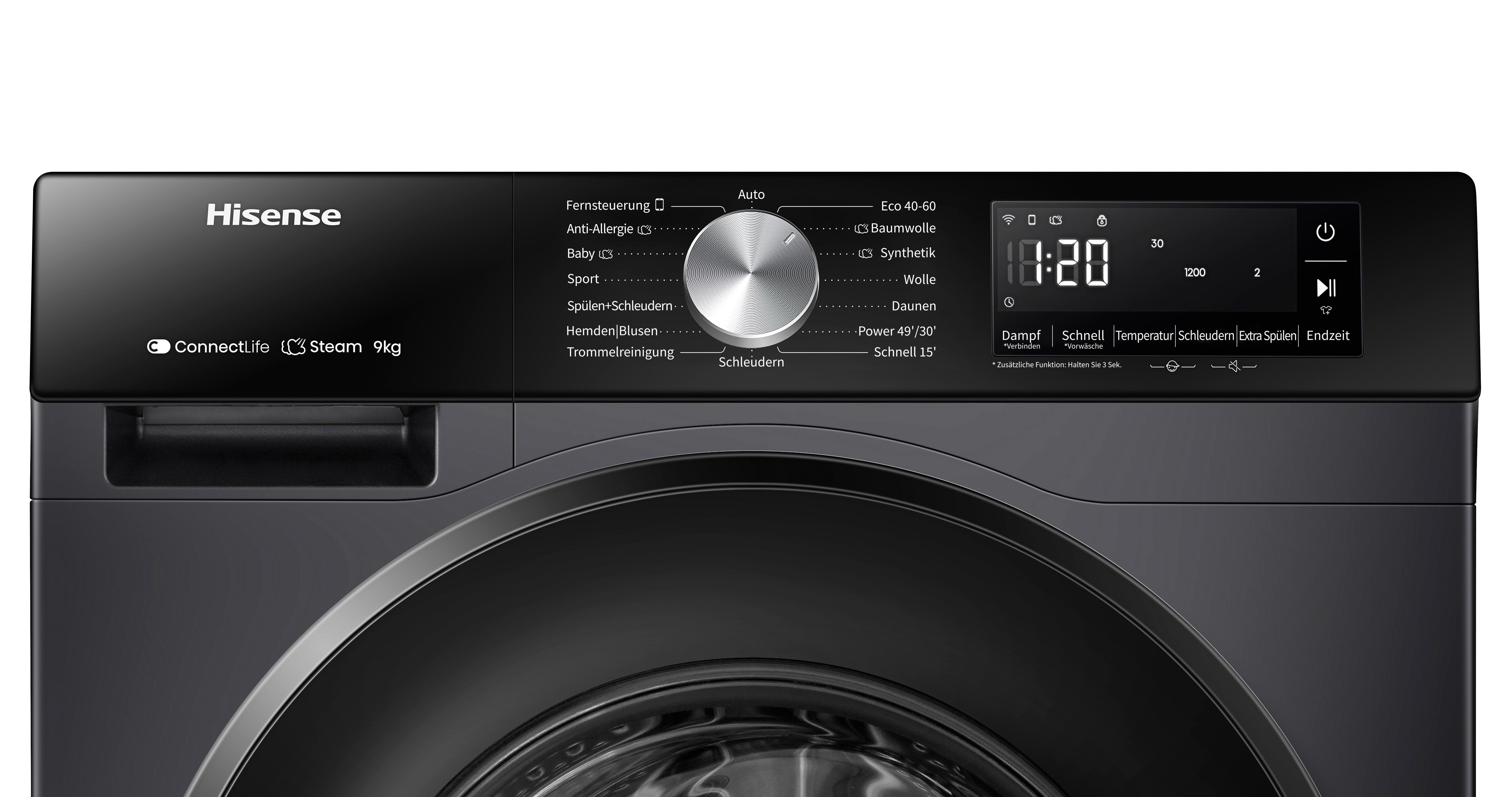 Bedienfeld einer Hisense Waschmaschine mit Programmwahlrad und Display.