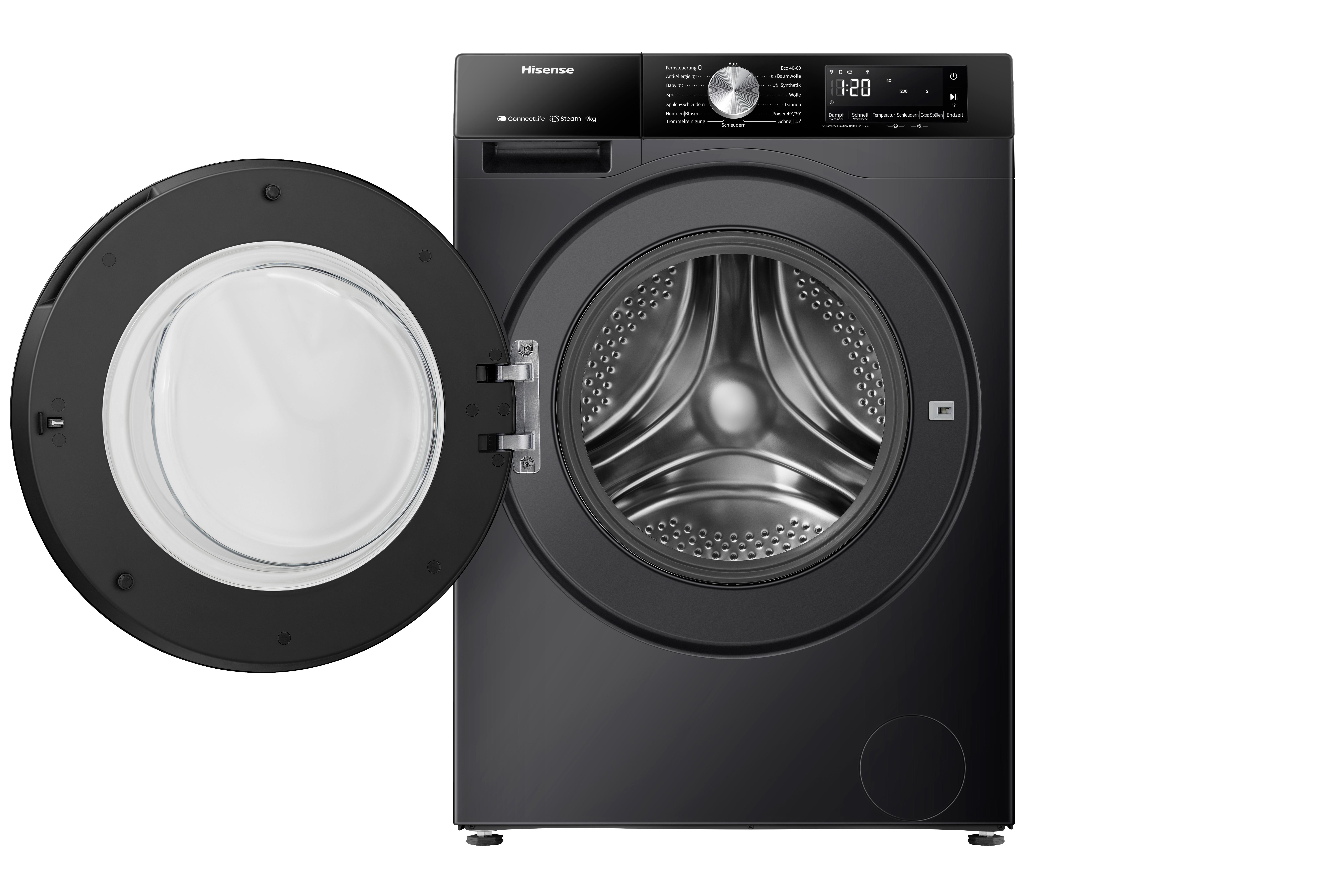 Schwarze Hisense Waschmaschine mit geöffneter Tür und digitalem Display.