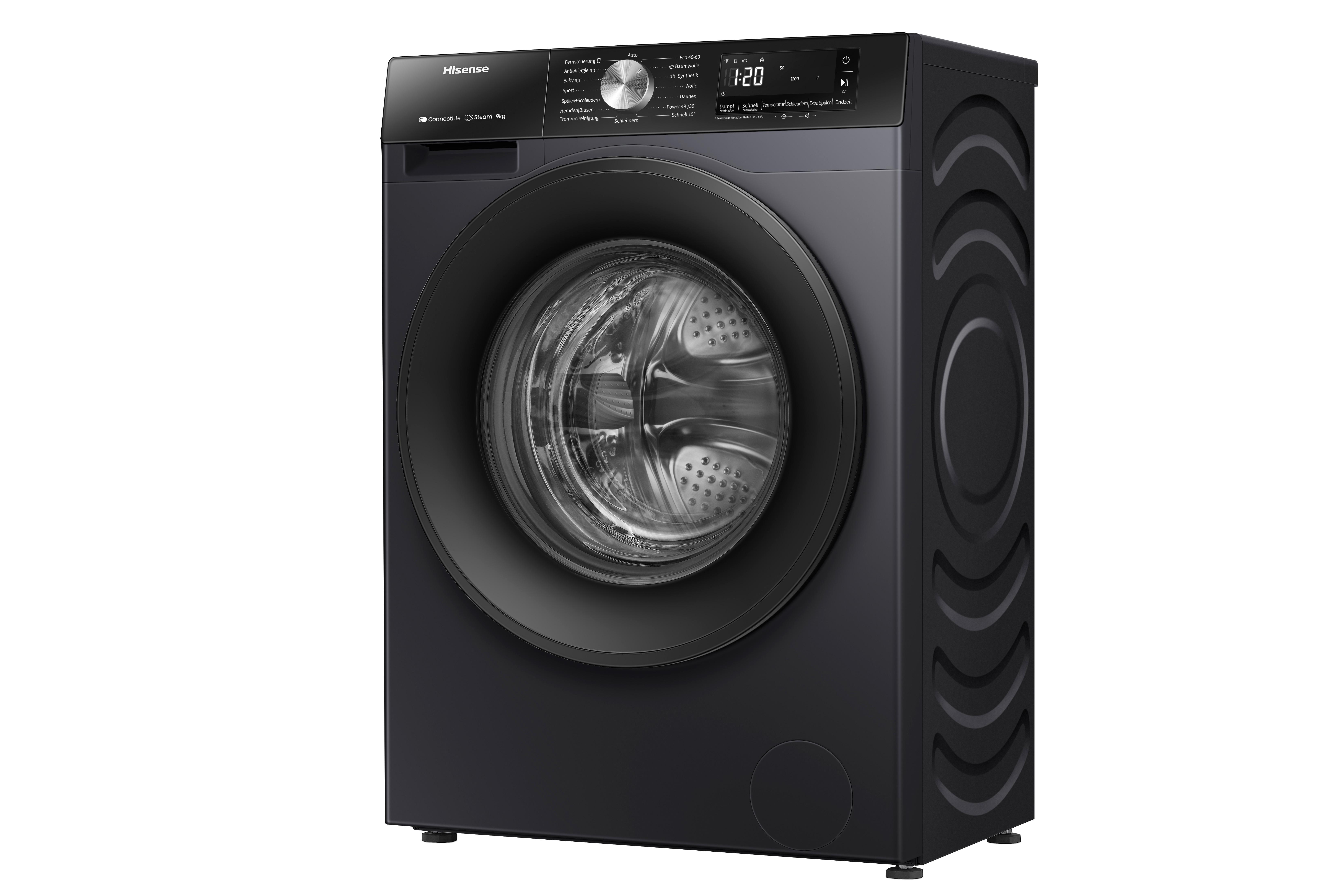 Eine schwarze Hisense Waschmaschine mit digitalem Display und runder Tür.