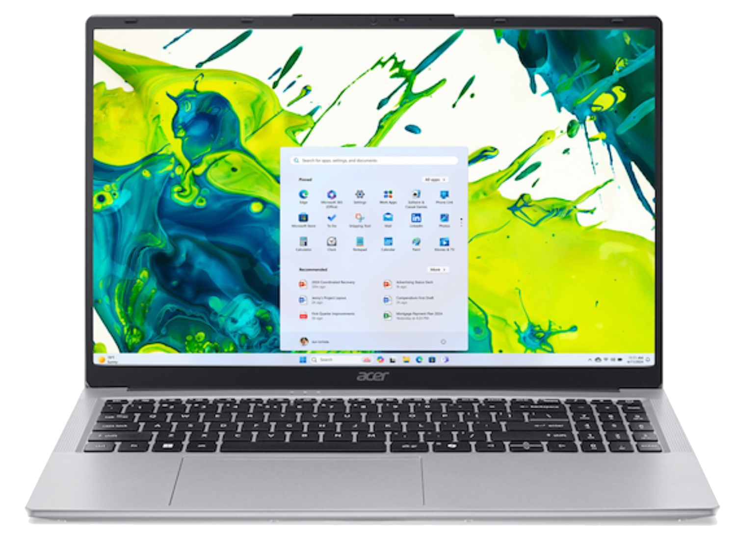 Un portátil Acer plateado muestra un fondo colorido y un menú abierto.