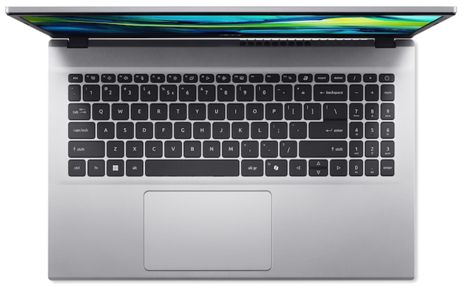 Un portátil plateado con la pantalla abierta, visto desde arriba, mostrando el teclado.