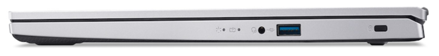 Lateral de un portátil con puertos USB, conector de auriculares y botón de encendido.