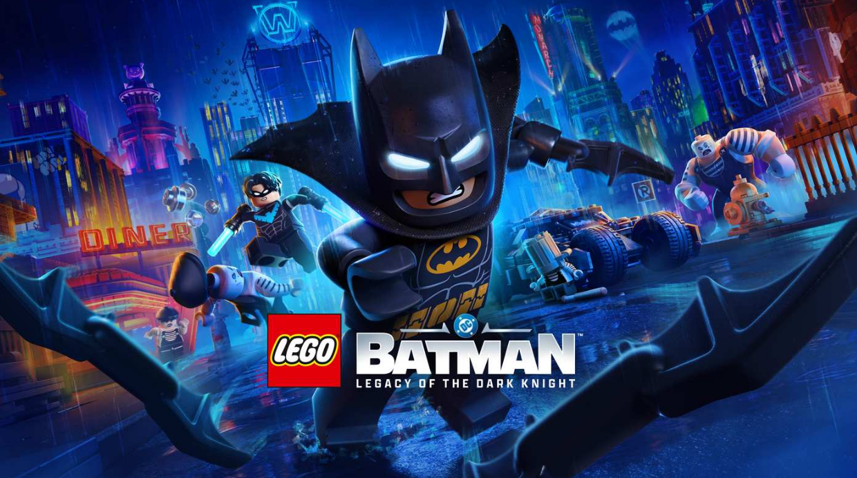Lego Batman bajo la lluvia en una calle de la ciudad con otros personajes y el Batmóvil.