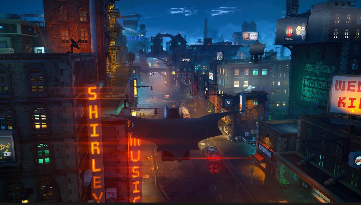 Batman se desliza sobre una calle de Gotham City iluminada con neón por la noche. Edificios y letreros brillan.