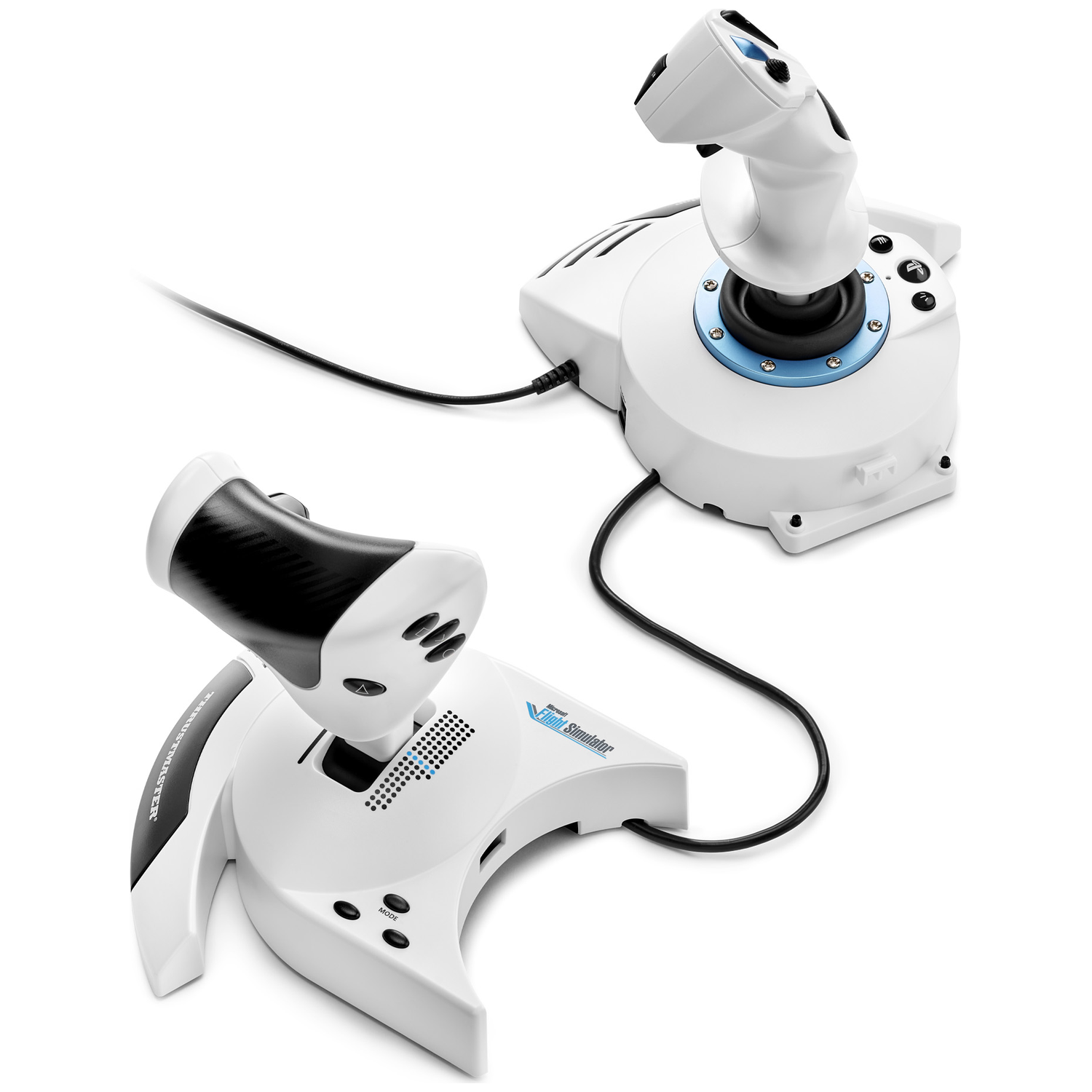 Two white joysticks with black accents, connected by cables, on a white background.