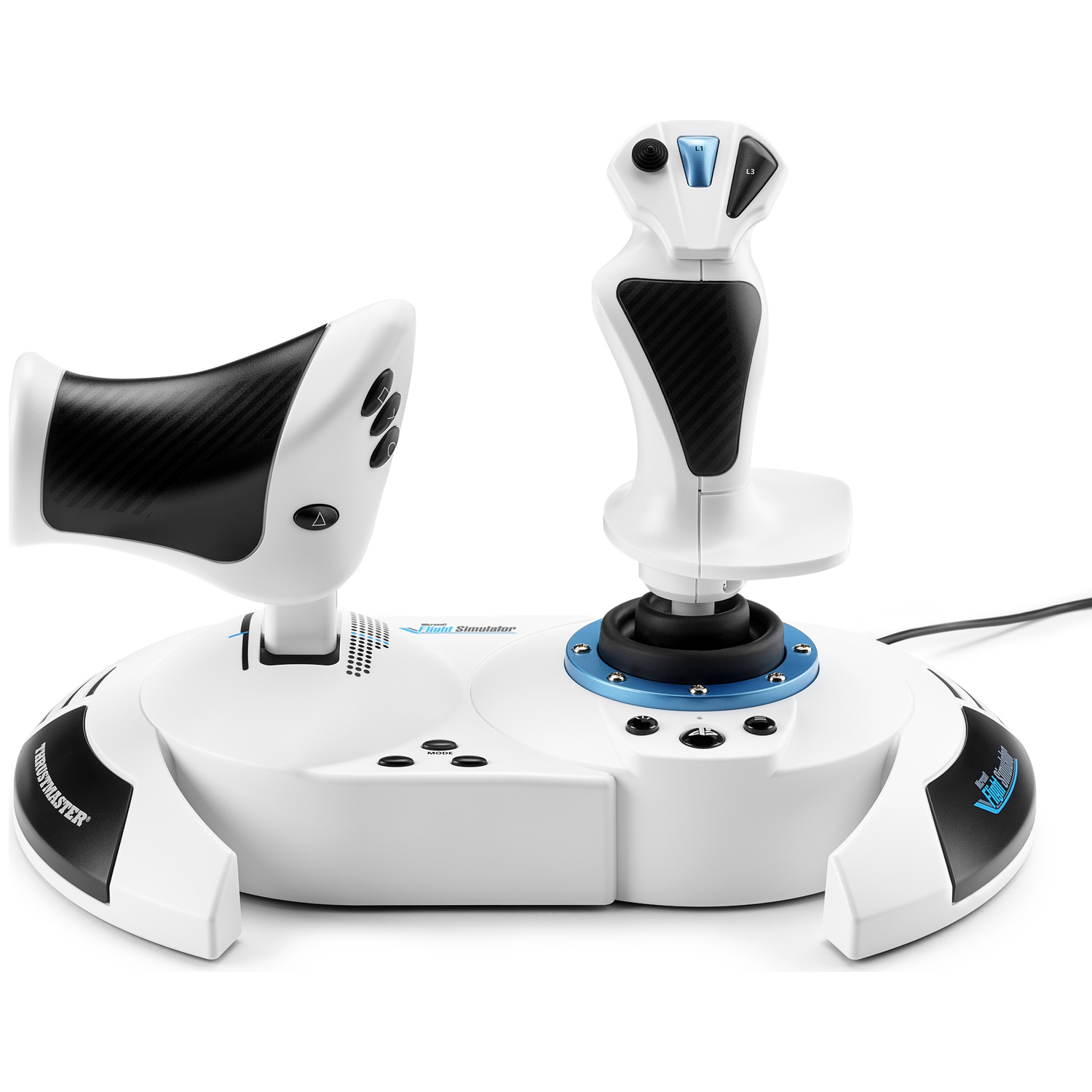 A white flight simulator joystick with black carbon pattern and blue accents.