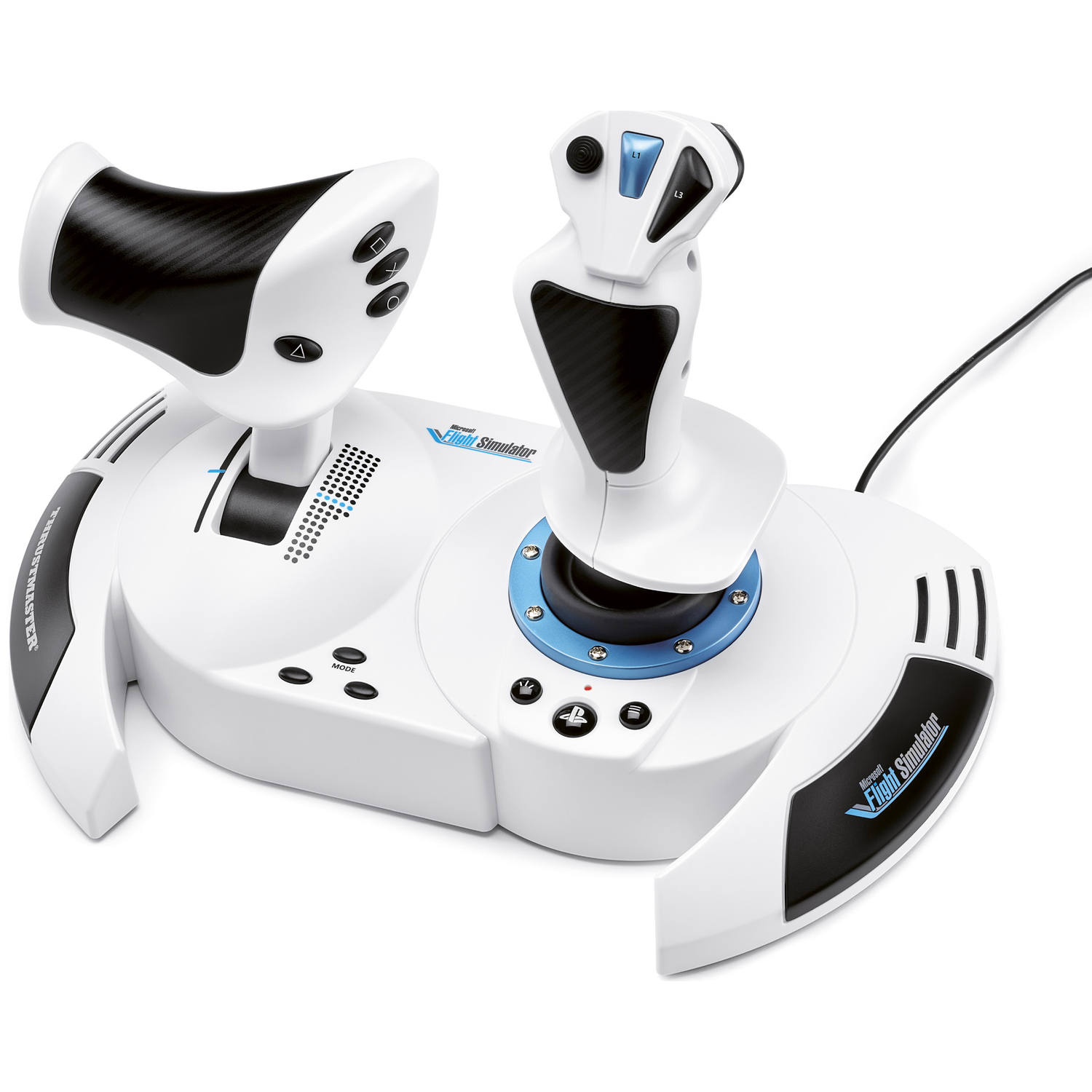 A white flight simulator joystick with throttle and black accents on a white background.