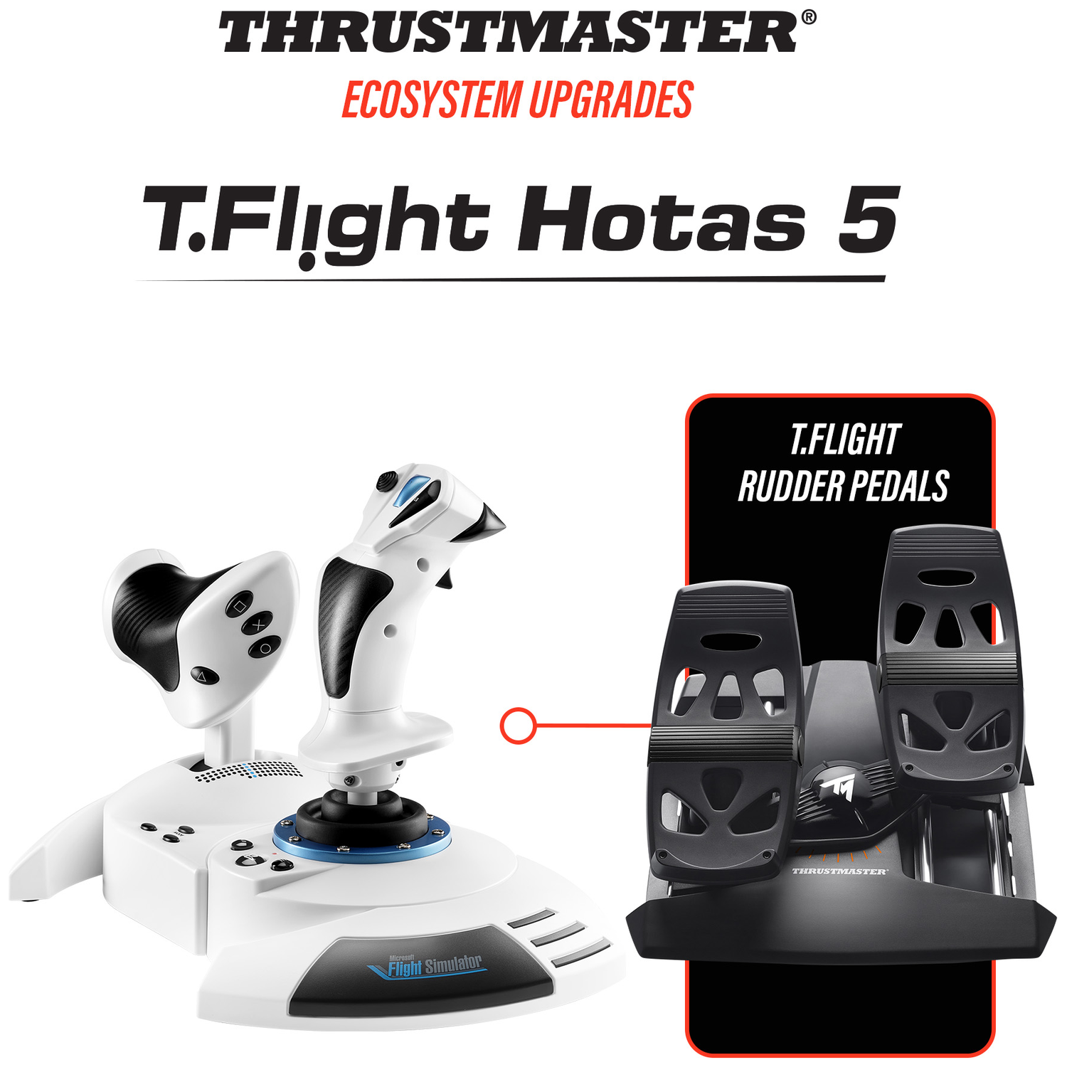 Thrustmaster T.Flight Hotas 5 joystick and rudder pedals for flight simulation.