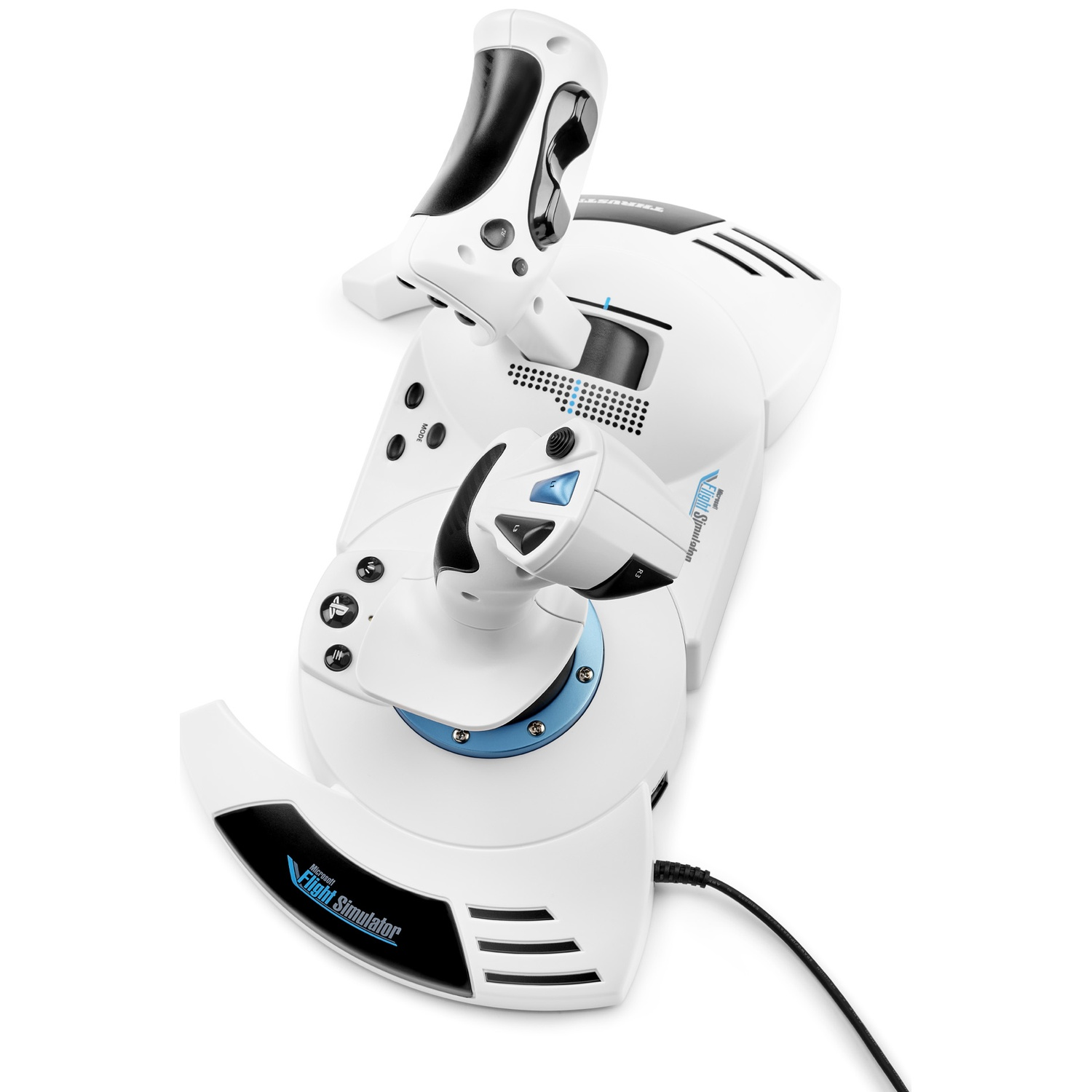 Un joystick blanc de simulateur de vol avec des accents noirs et bleus.