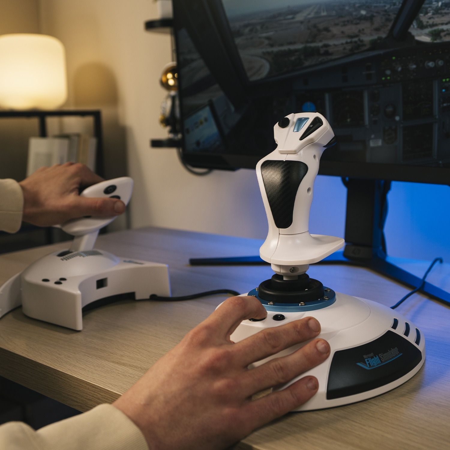 Mains sur des joysticks et un levier de commande de simulateur de vol, jouant à un jeu à l'écran.