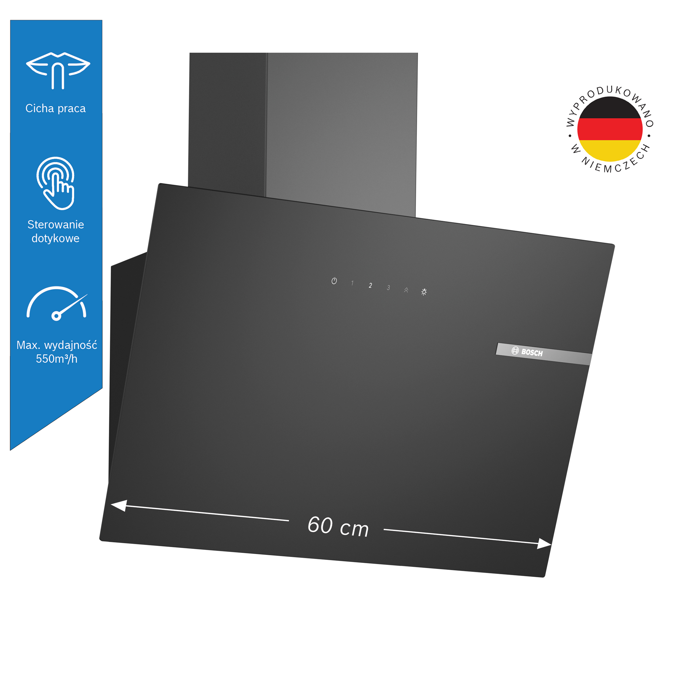 Czarna okap 60 cm ze sterowaniem dotykowym i logo Bosch.