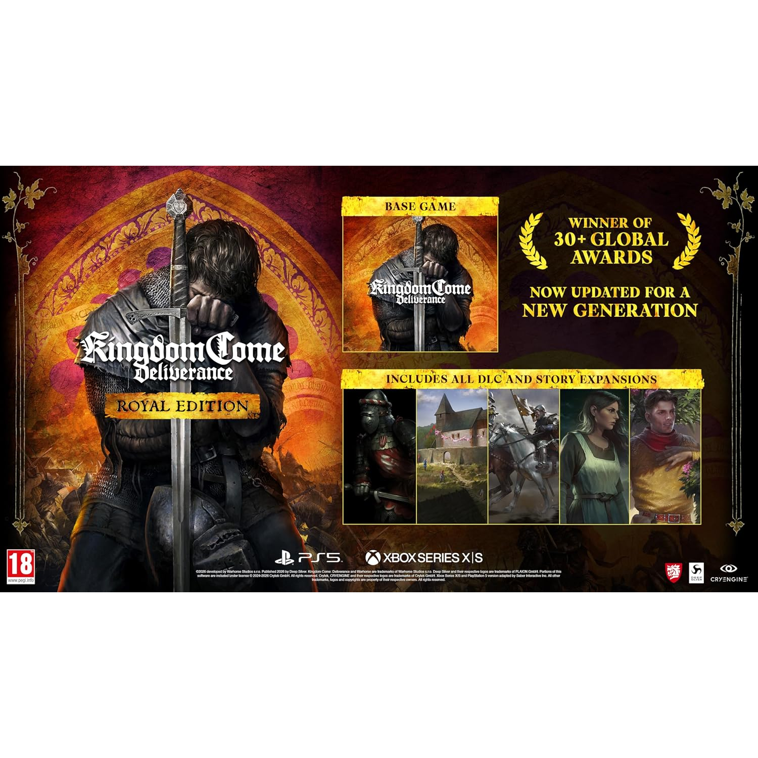Cover van Kingdom Come: Deliverance Royal Edition, met een ridder en spelscènes.