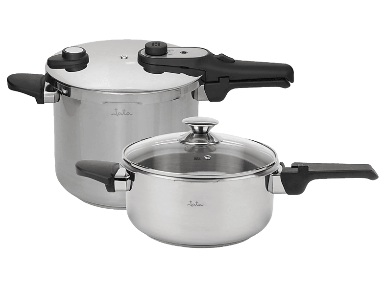 Olla express - Jata HOLL2547, 7L+4L, Acero inoxidable, Diámetro 22 cm, Triple sistema de seguridad, 2 Niveles Presión