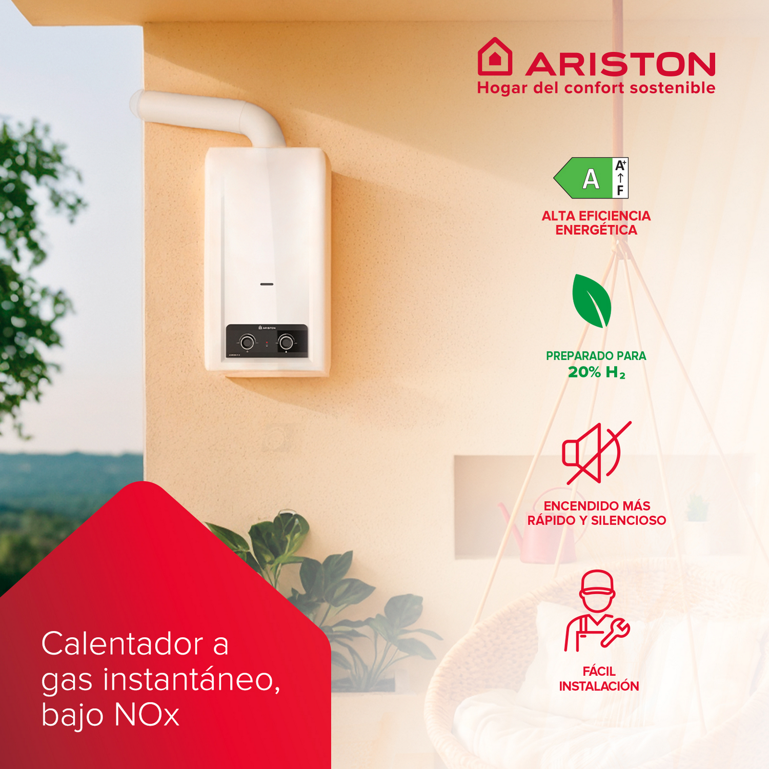 Un calentador de gas Ariston blanco con etiqueta A de eficiencia energética.