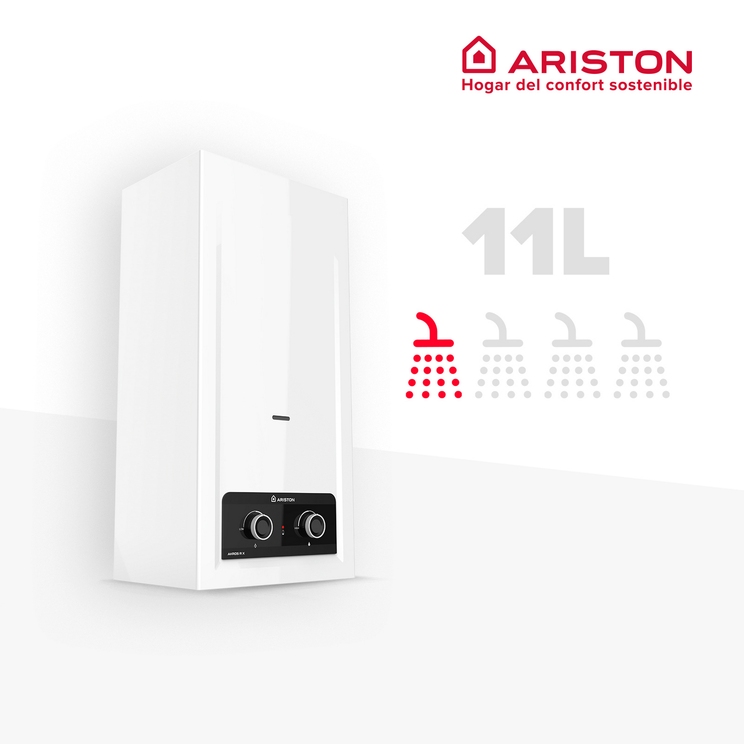 Calentador de agua Ariston blanco de 11L con iconos de ducha indicando uso.
