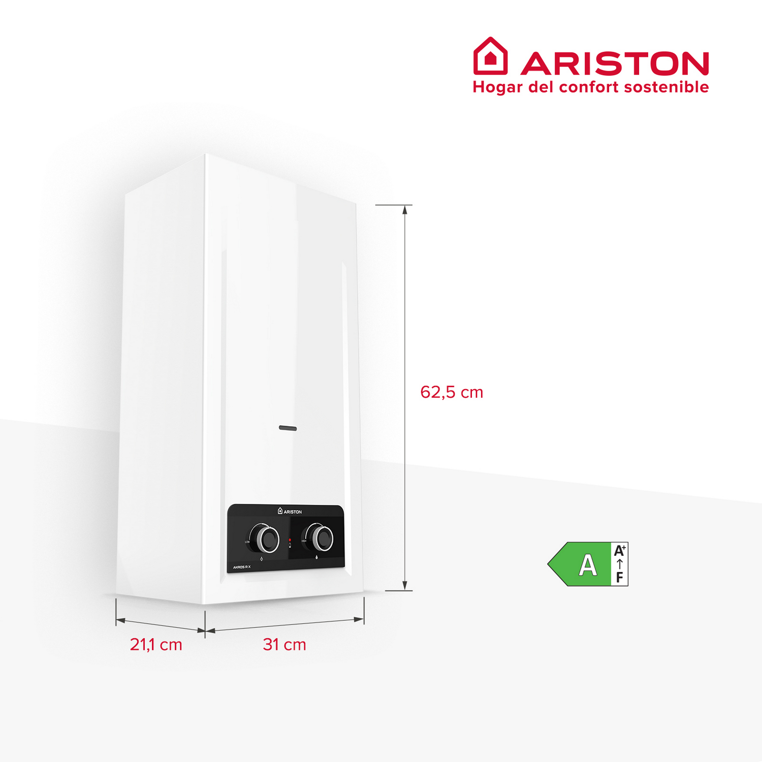 Un calentador Ariston blanco, 62,5 cm de alto, con controles y etiqueta A+.