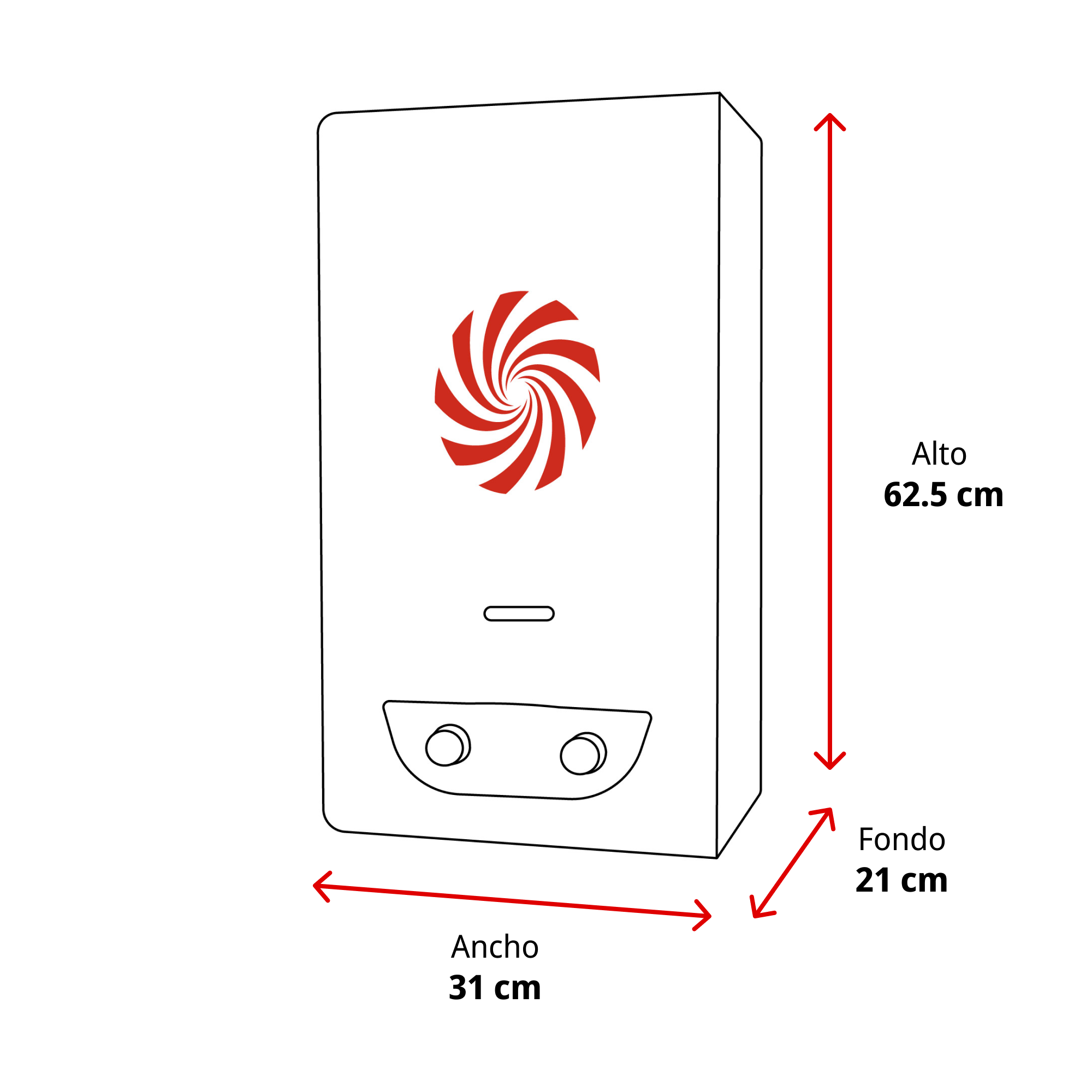 Una caja blanca con medidas rojas: alto 62,5 cm, ancho 31 cm, fondo 21 cm.