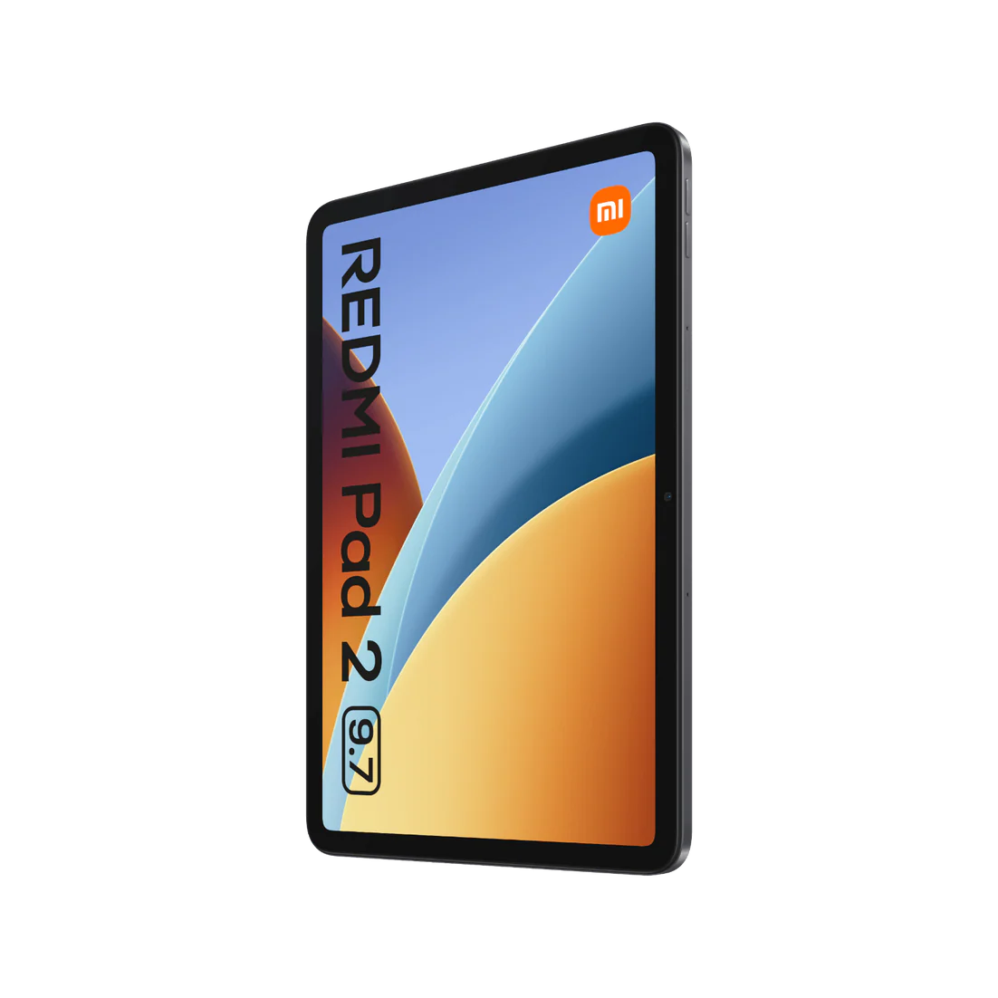 Una tablet gris que muestra el logo de Xiaomi y "Redmi Pad 2 (9.7)" en pantalla.
