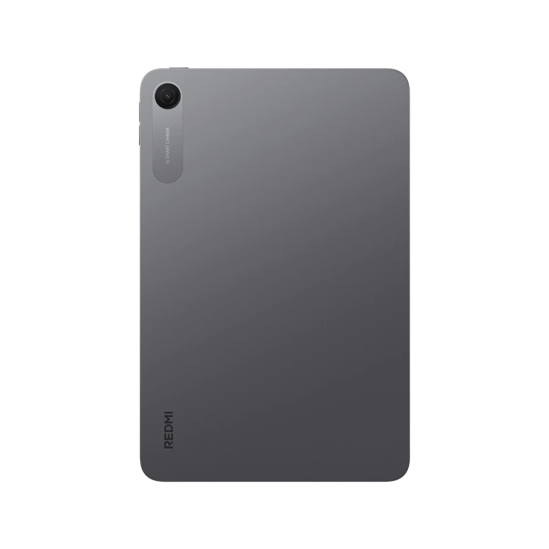 Tableta gris con cámara y logo de Redmi sobre fondo negro.
