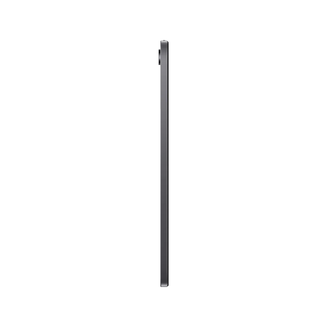 Una tableta gris en vista de perfil sobre fondo negro.