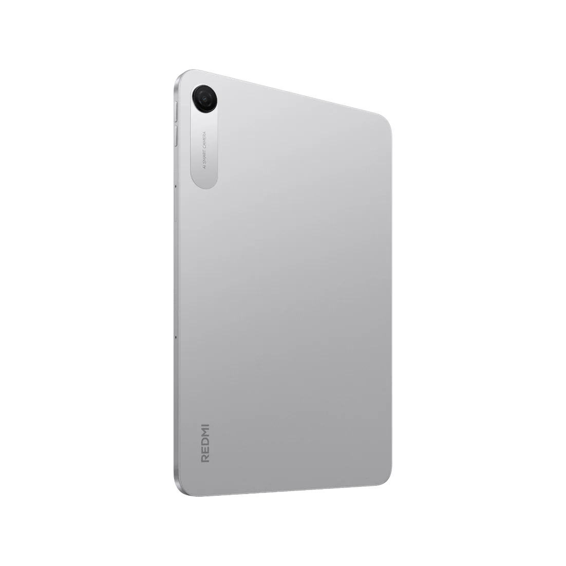 Una tableta plateada con cámara y logo de Redmi sobre fondo negro.