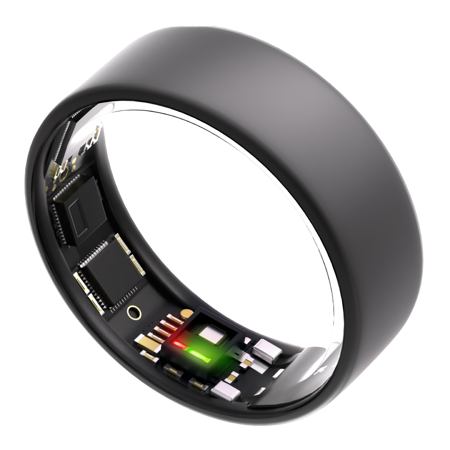Un anillo inteligente negro con circuitería interna expuesta y LEDs verdes y rojos brillantes.