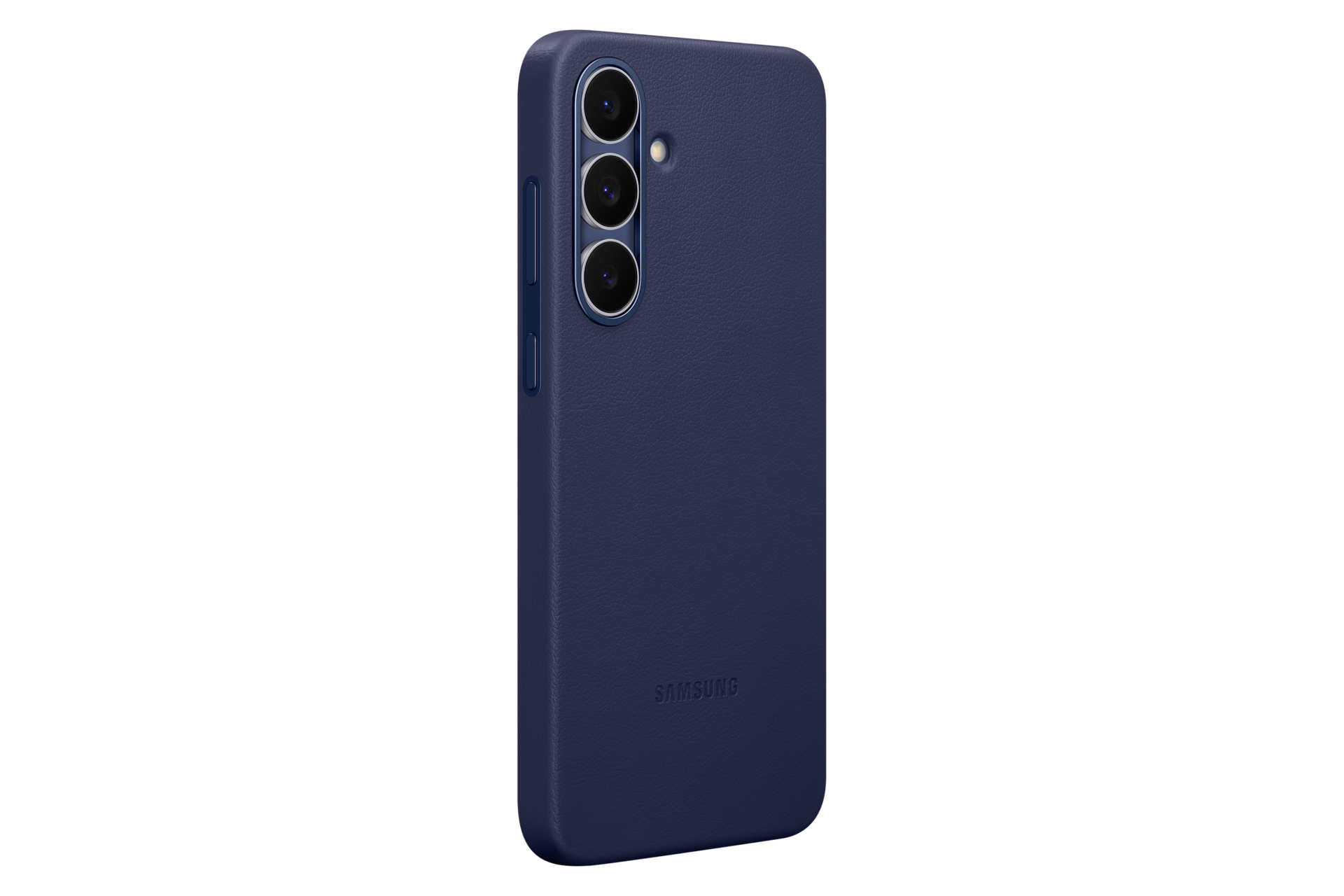Granatowe etui na telefon z trzema obiektywami i logo Samsung.