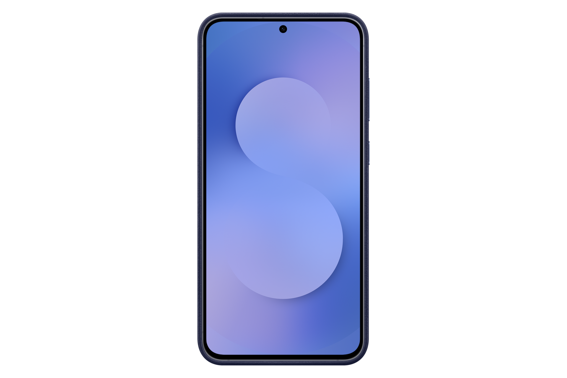 Ciemny smartfon z niebieskim tłem i dużą kropką.