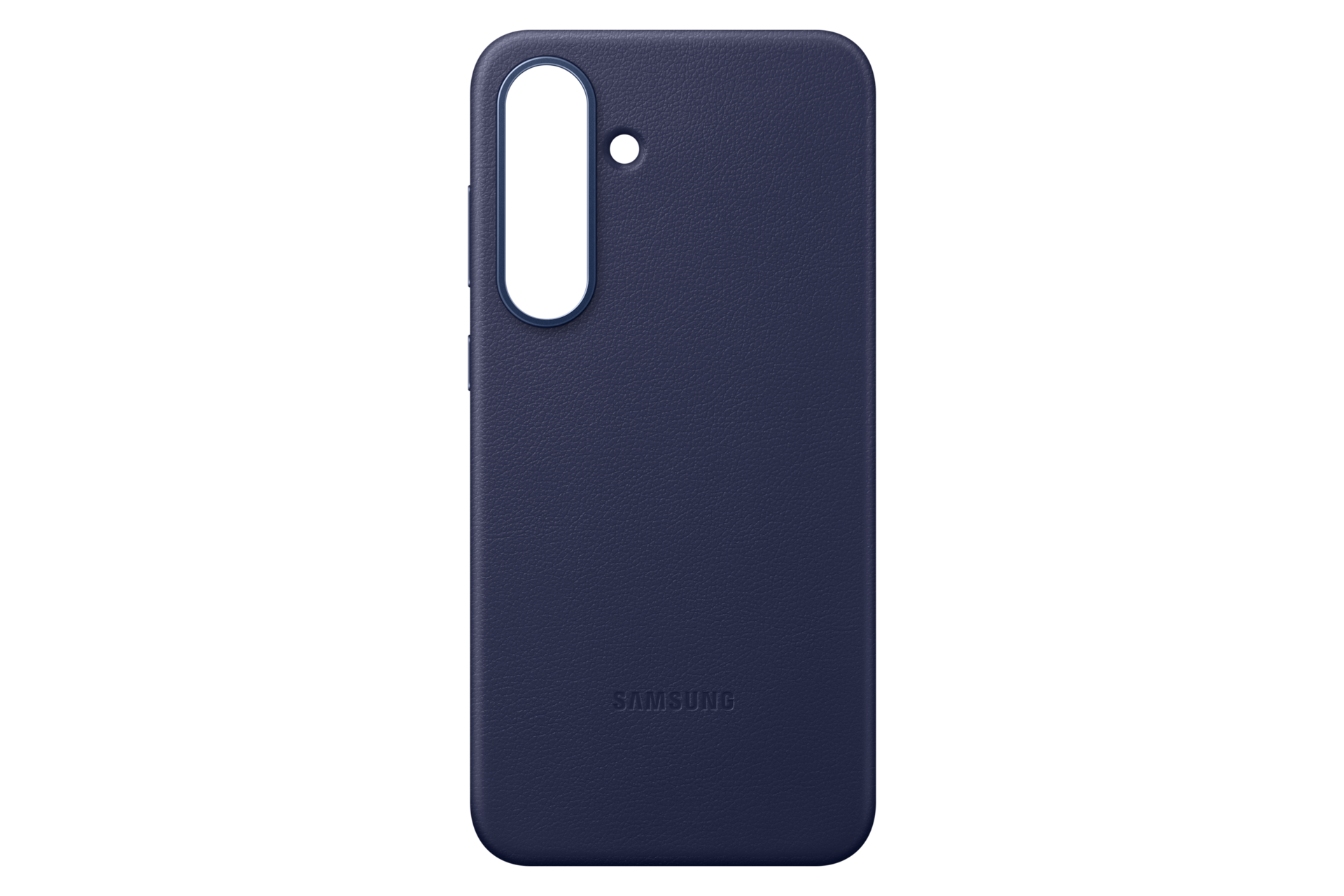 Granatowe etui na telefon z wycięciem na aparat i logo Samsung.