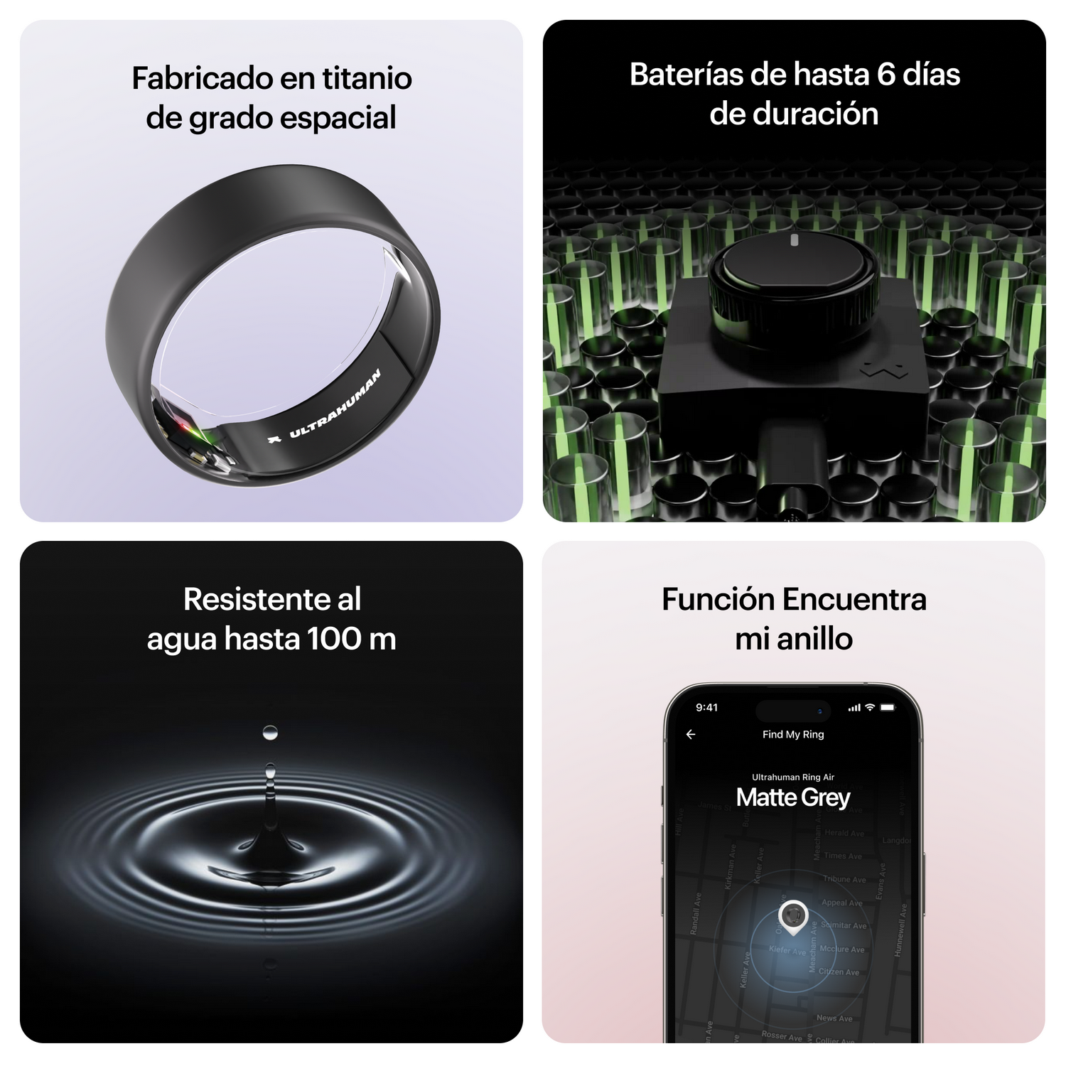 Fabricado en titanio de grado espacial. Batería de hasta 6 días de duración. Resistente al agua hasta 100m. Función encuentra mi anillo.
