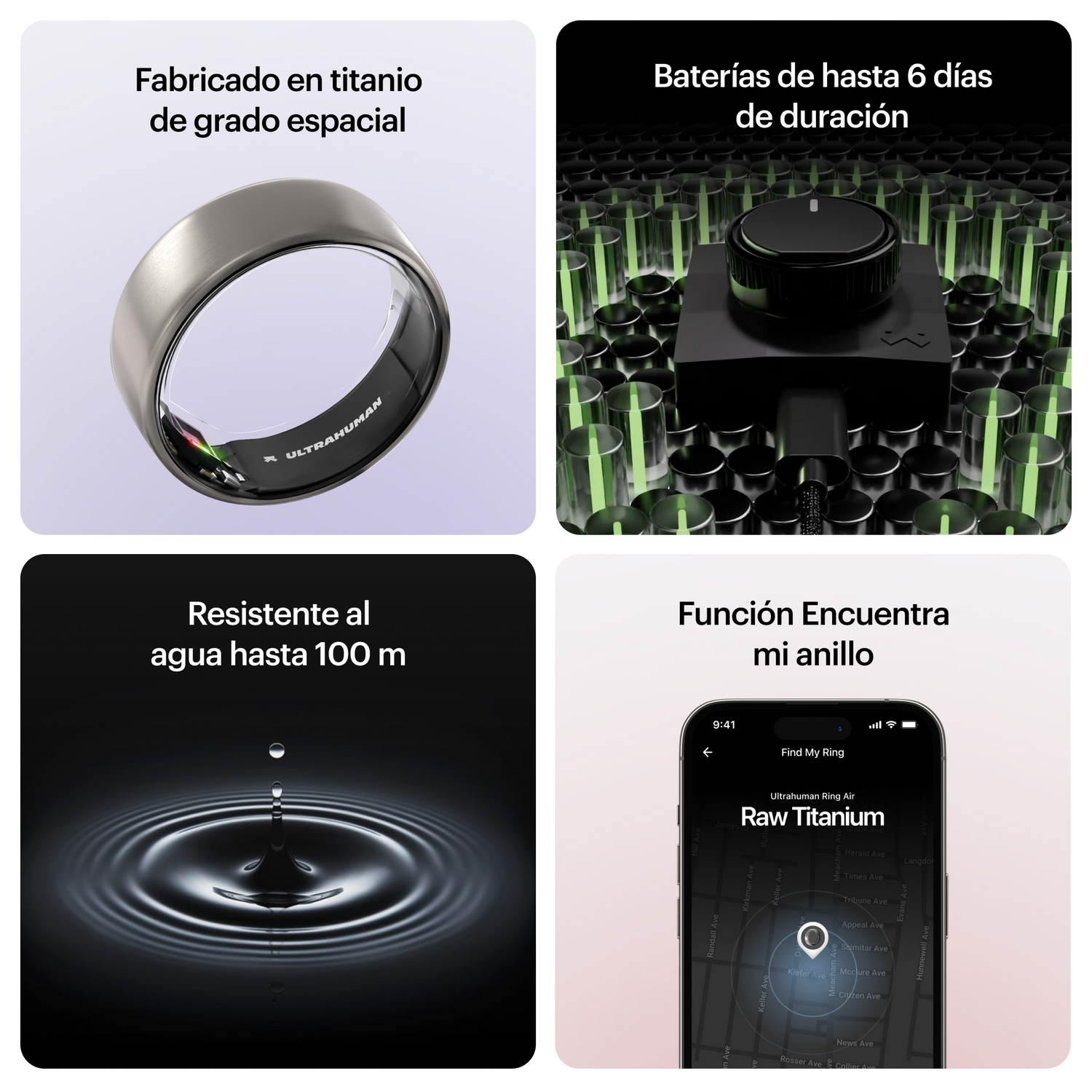 Fabricado en titanio de grado espacial. Batería de hasta 6 días de duración. Resistente al agua hasta 100m. Función encuentra mi anillo.