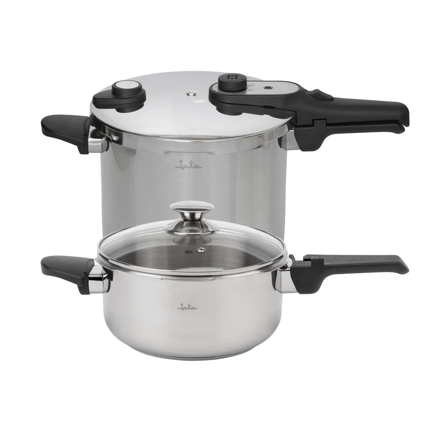 Dos utensilios de cocina de acero inoxidable: una olla a presión y una cacerola.