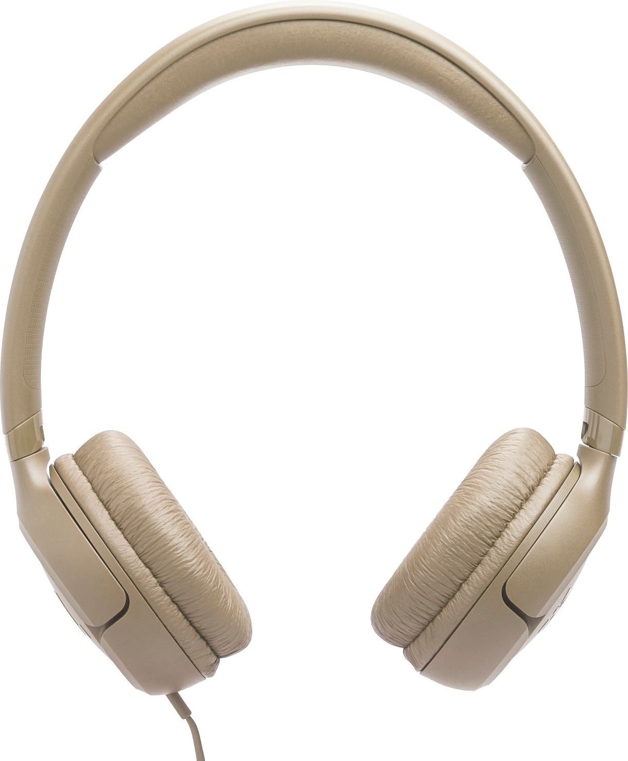 Casque beige avec écouteurs rembourrés et serre-tête. Fond blanc.