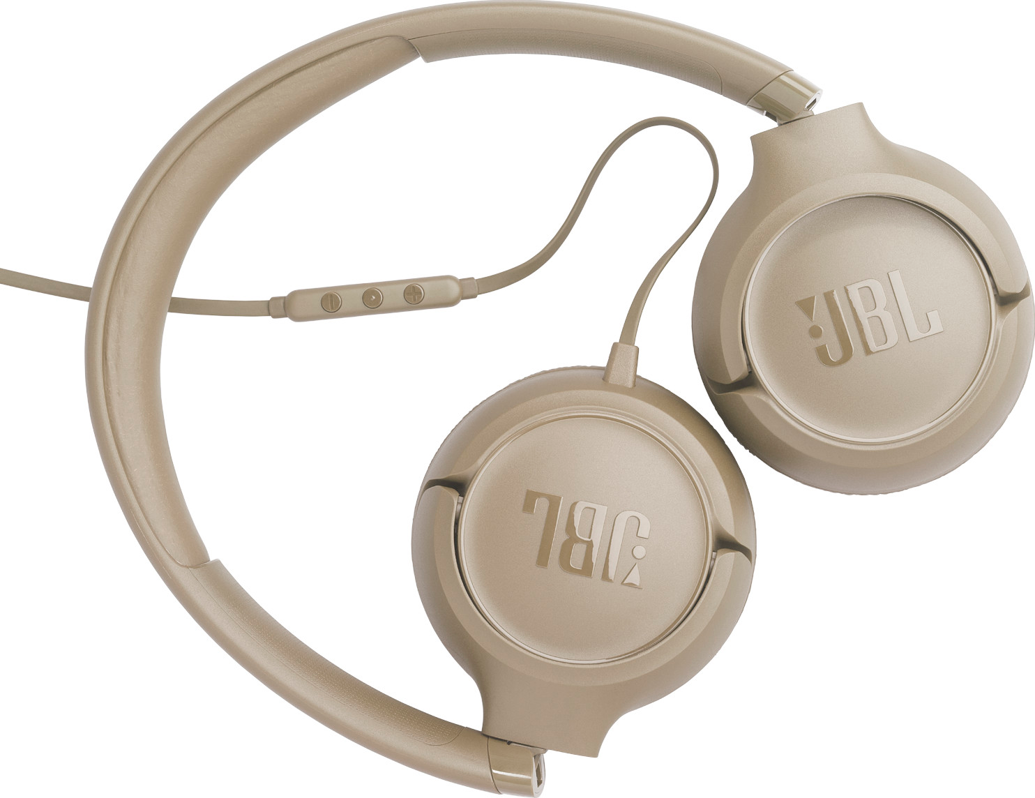 Casque JBL doré avec arceau et câble, sur fond blanc.