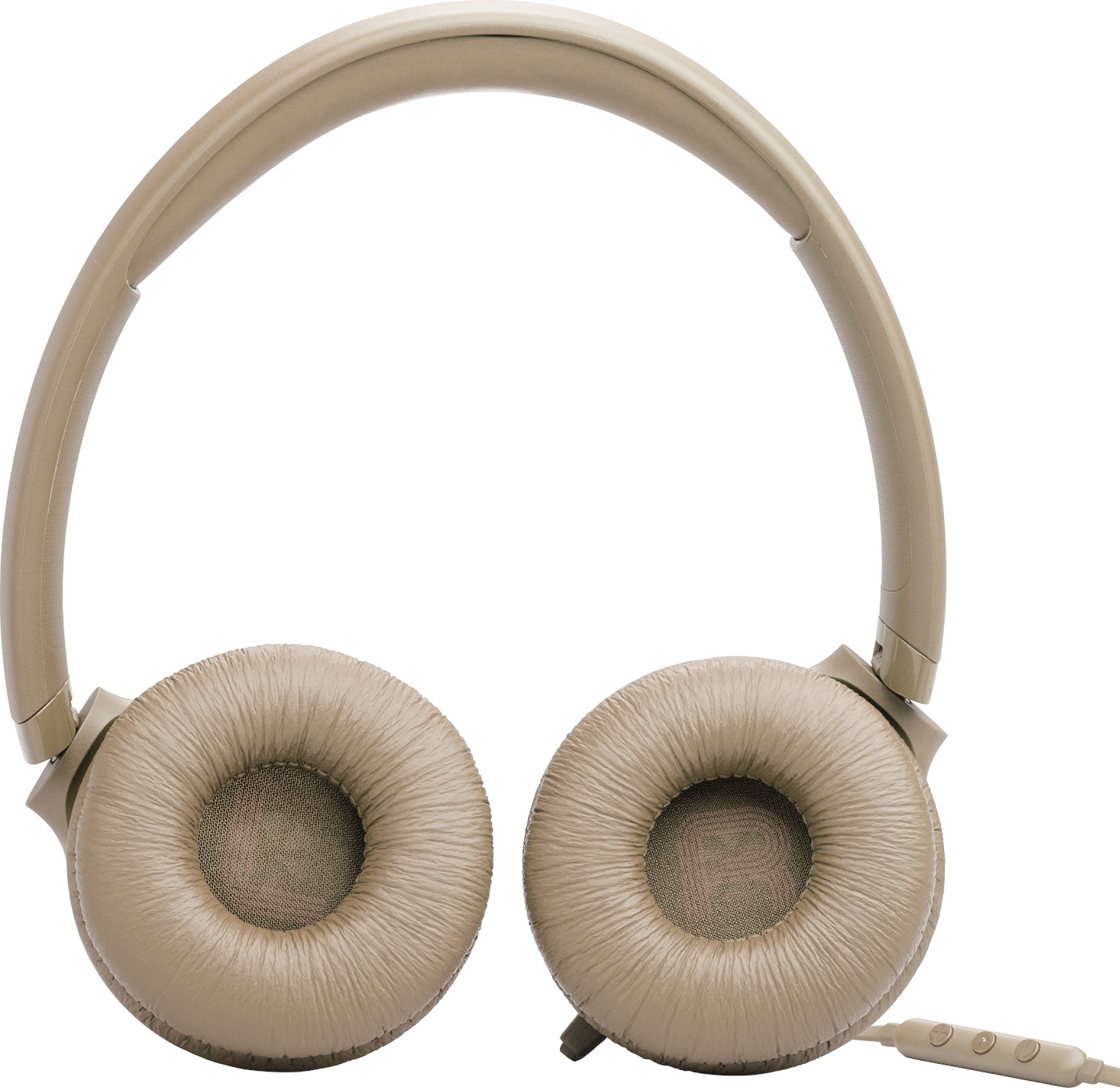 Casque beige avec oreillettes rembourrées et cordon avec commandes intégrées.