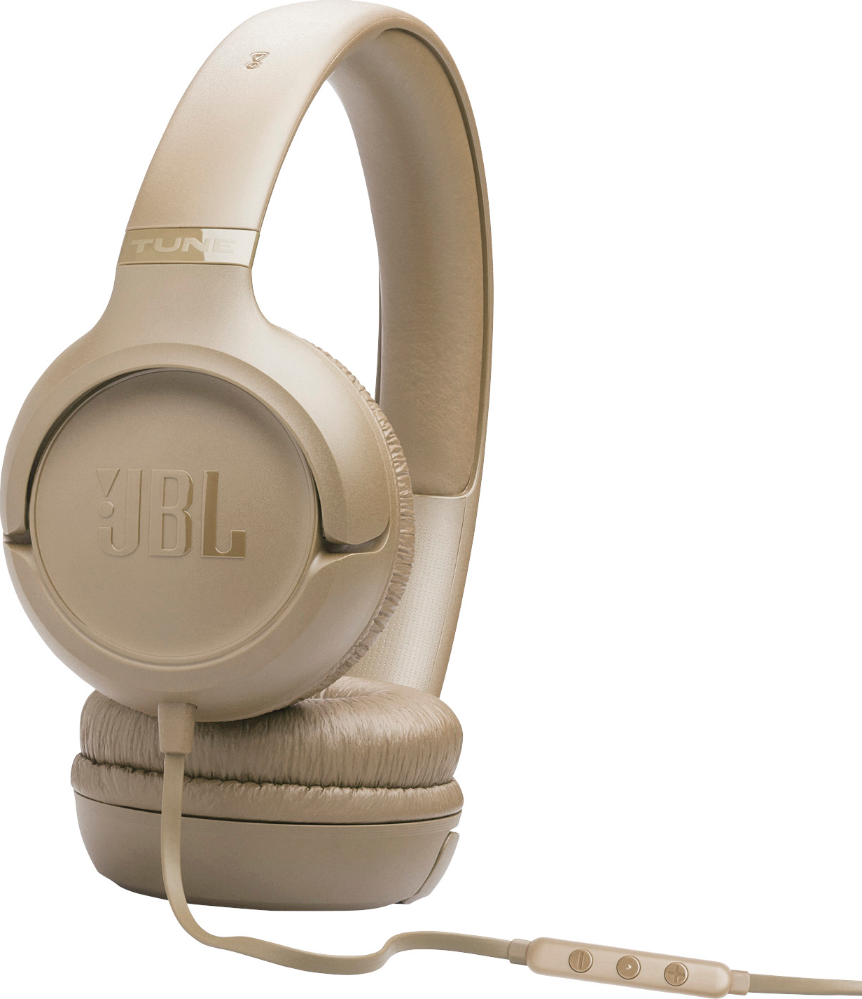 Casque JBL beige avec câble et télécommande sur fond blanc.