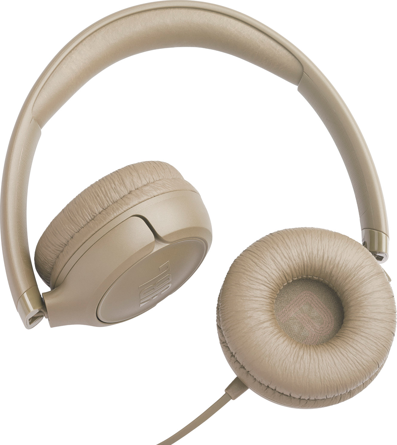 Casque beige avec oreillettes et câble sur fond blanc.