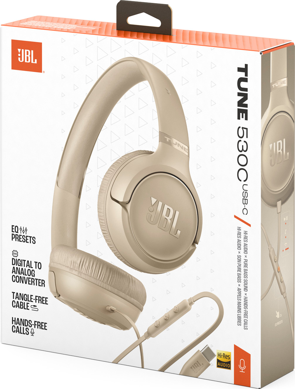 Casque JBL Tune 530C beige avec câble et connecteur USB-C sur l'emballage.
