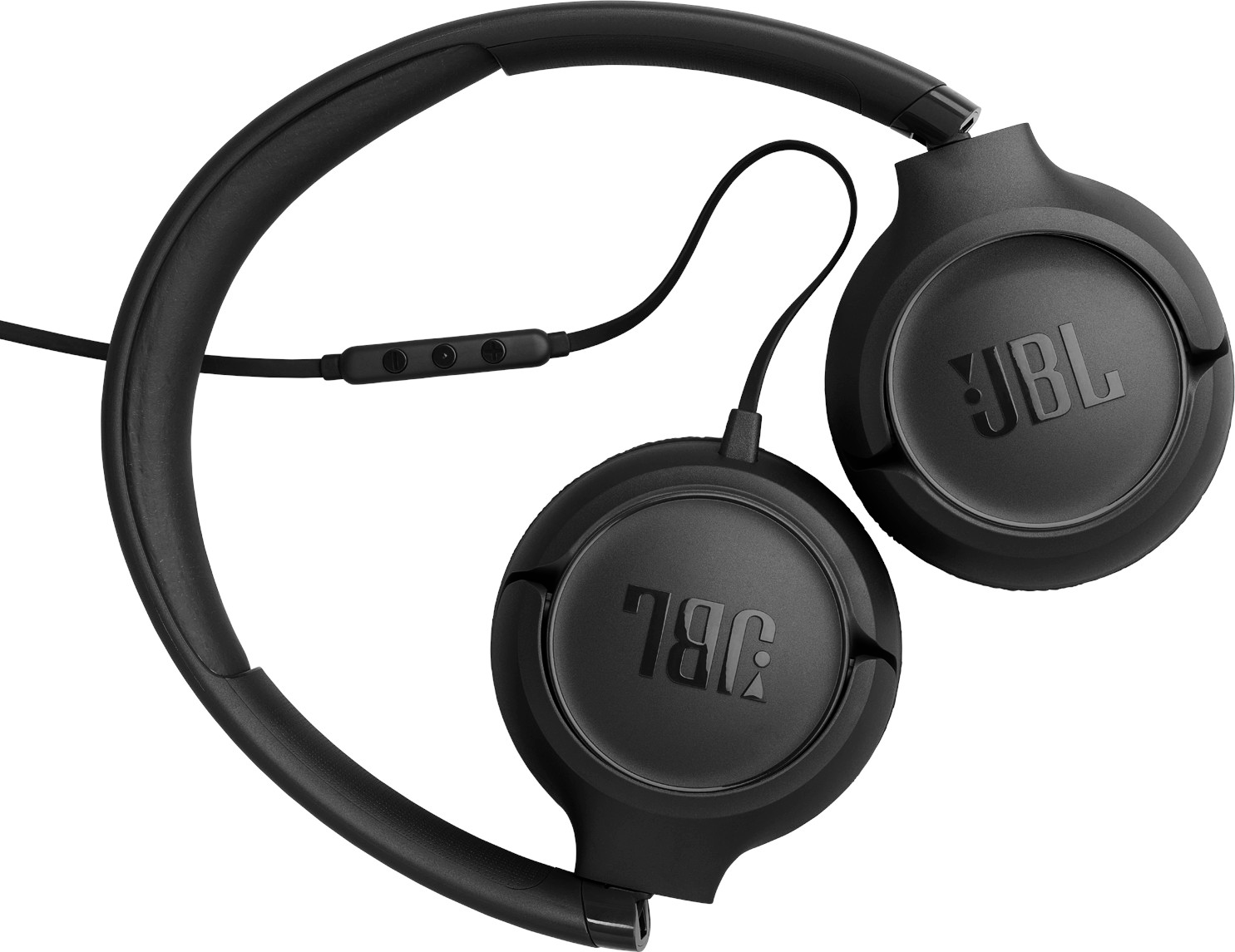 Schwarze JBL-Kopfhörer mit Kabel und Inline-Fernbedienung.