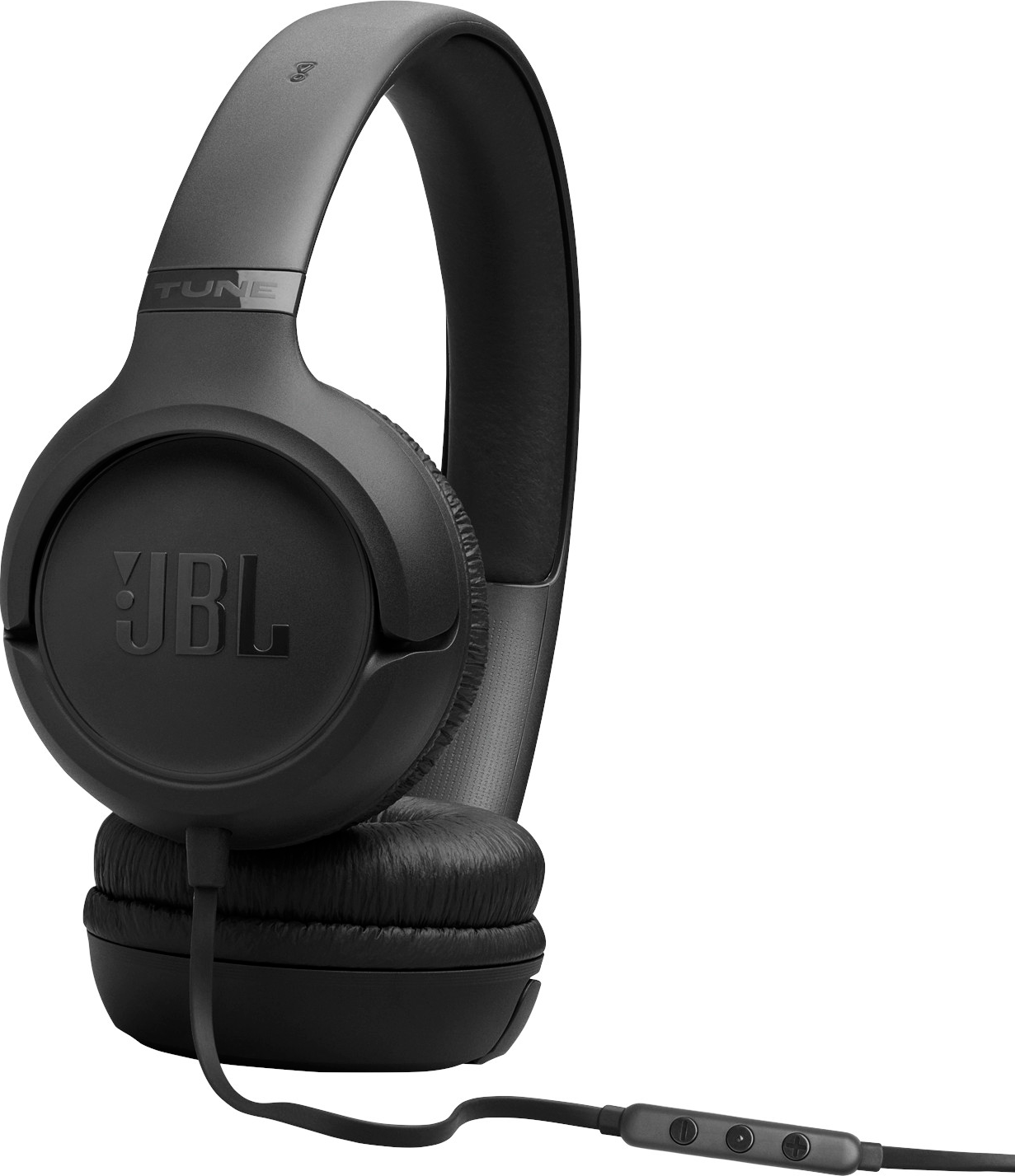 Schwarze JBL-Kopfhörer mit Kabel und Inline-Fernbedienung auf weißem Hintergrund.