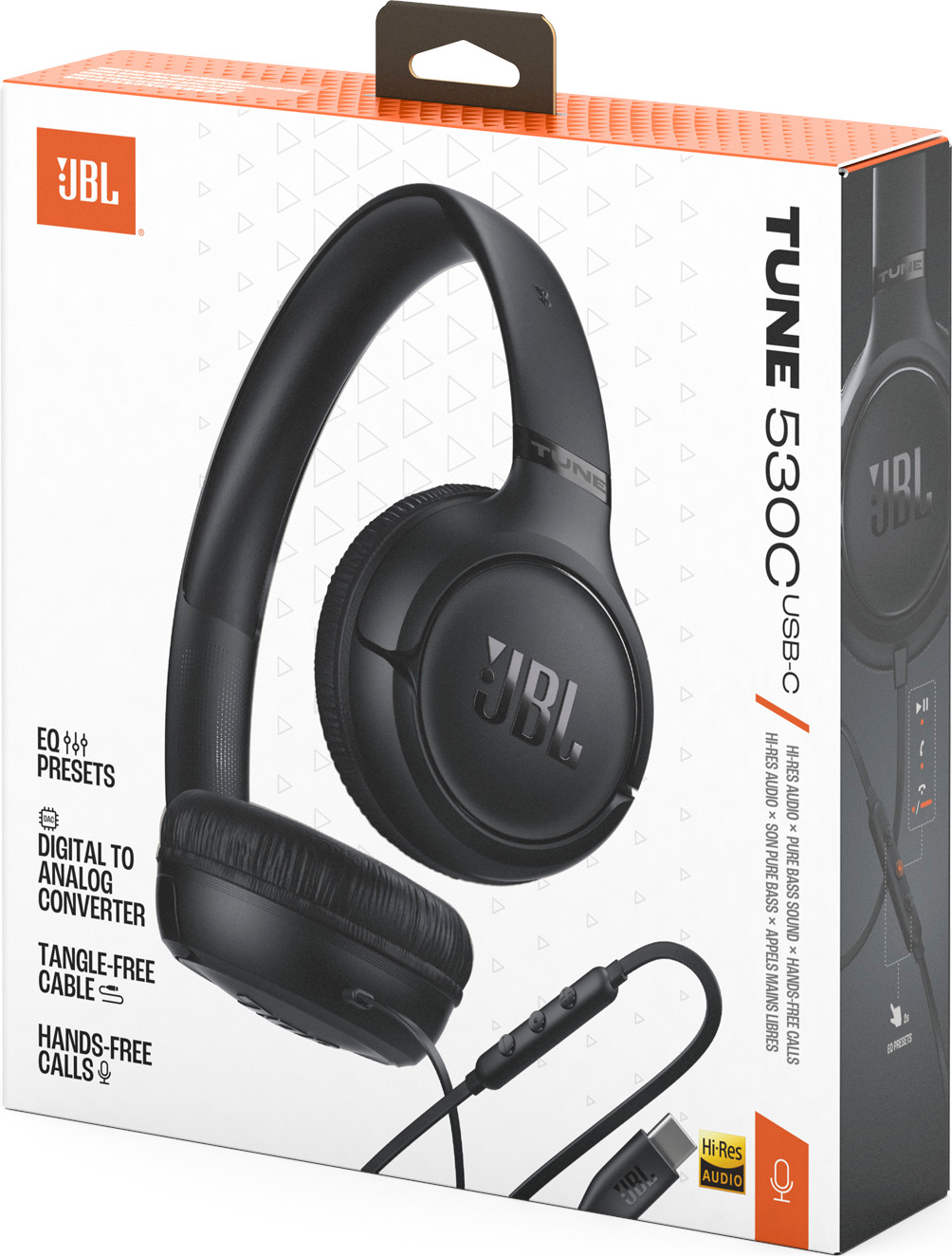 Schwarze JBL Tune 530C USB-C Kopfhörer in der Box, zeigen Merkmale wie EQ-Voreinstellungen u. Hi-Res Audio.