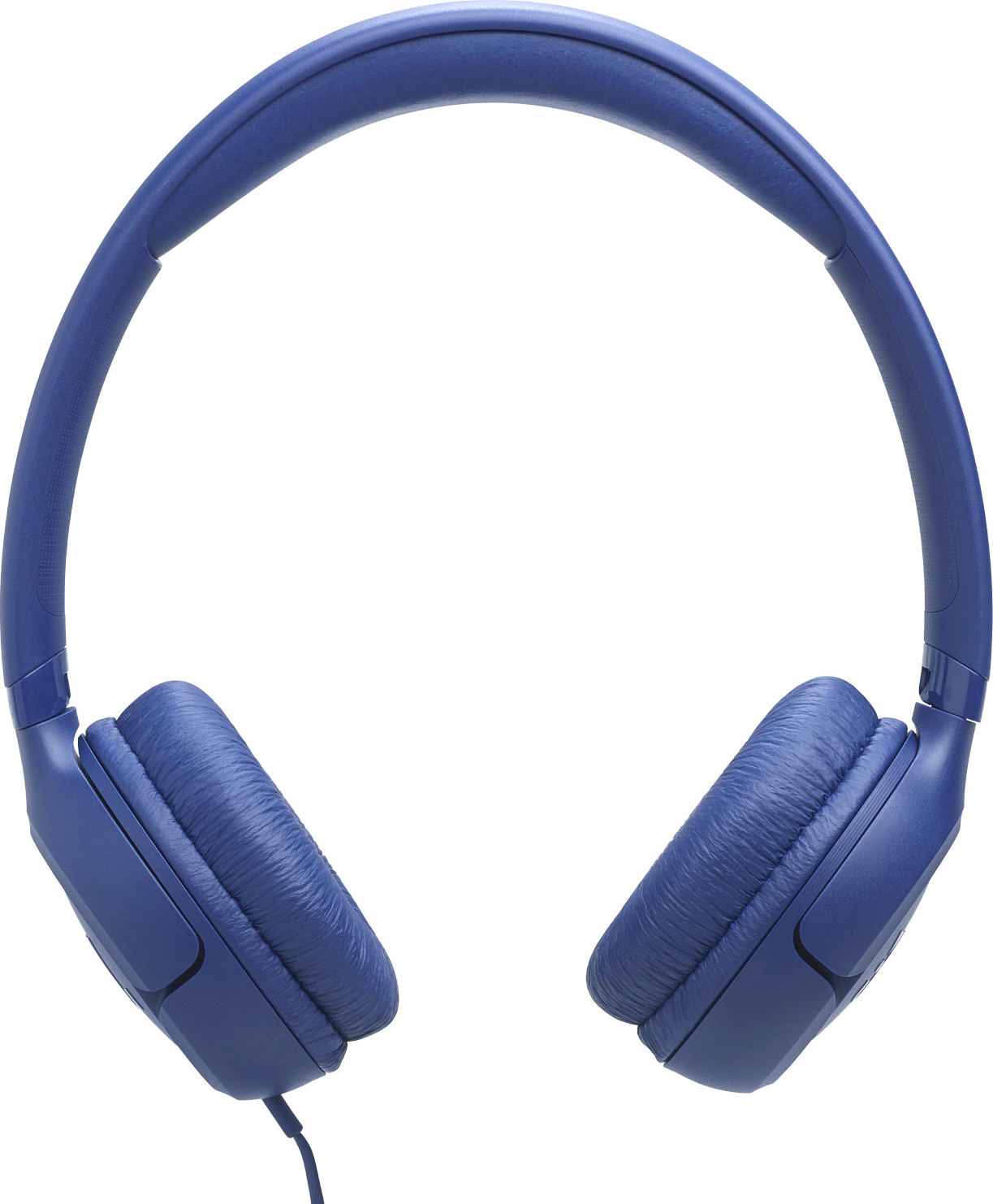 Casque bleu marine avec écouteurs rembourrés et arceau. Fond blanc.