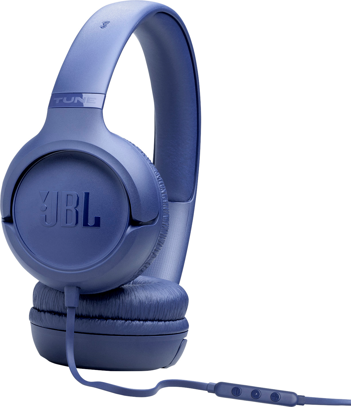 Casque JBL bleu avec cordon et télécommande sur fond blanc.