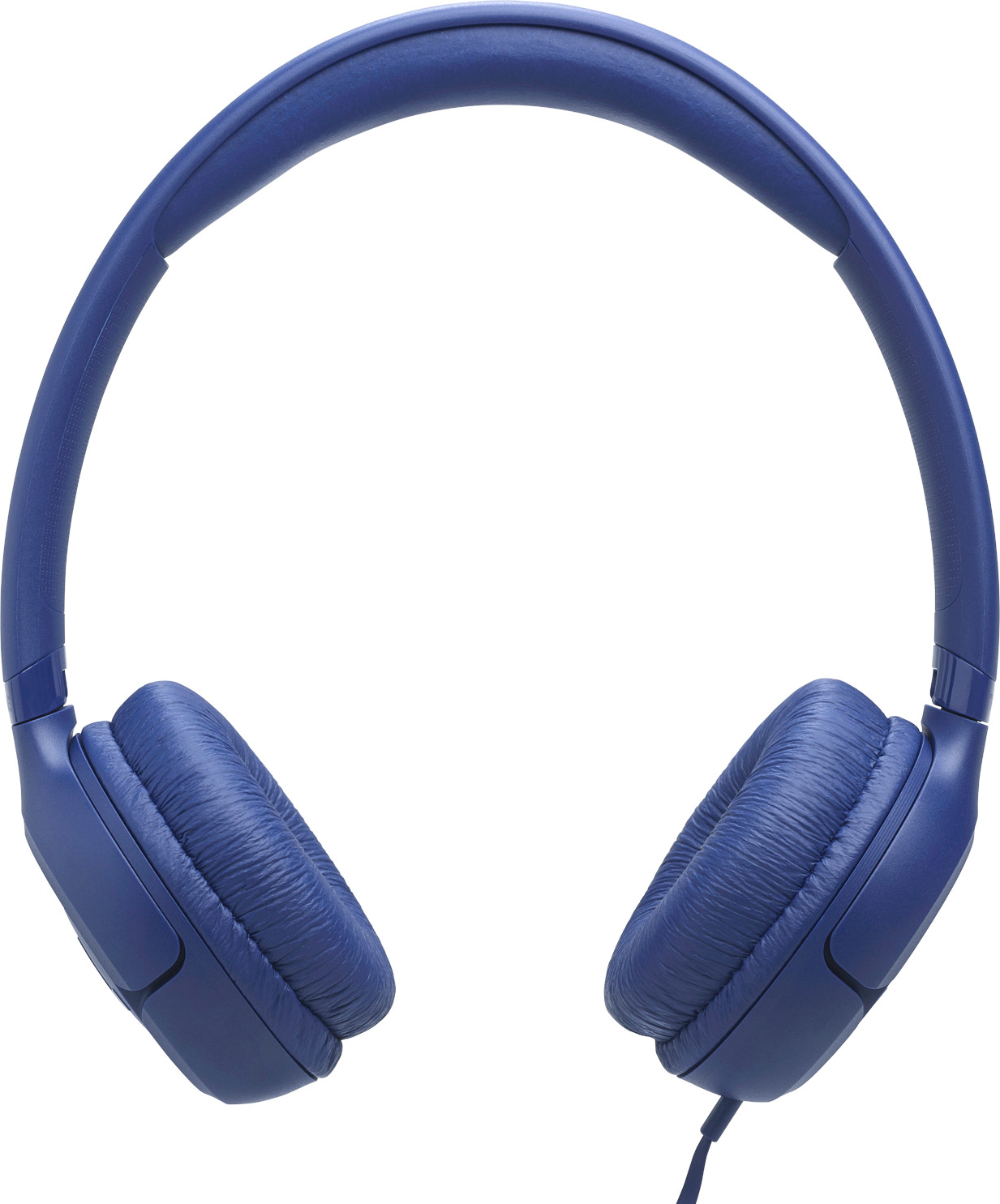 Casque bleu avec coussinets rembourrés et arceau. Un fil est visible.