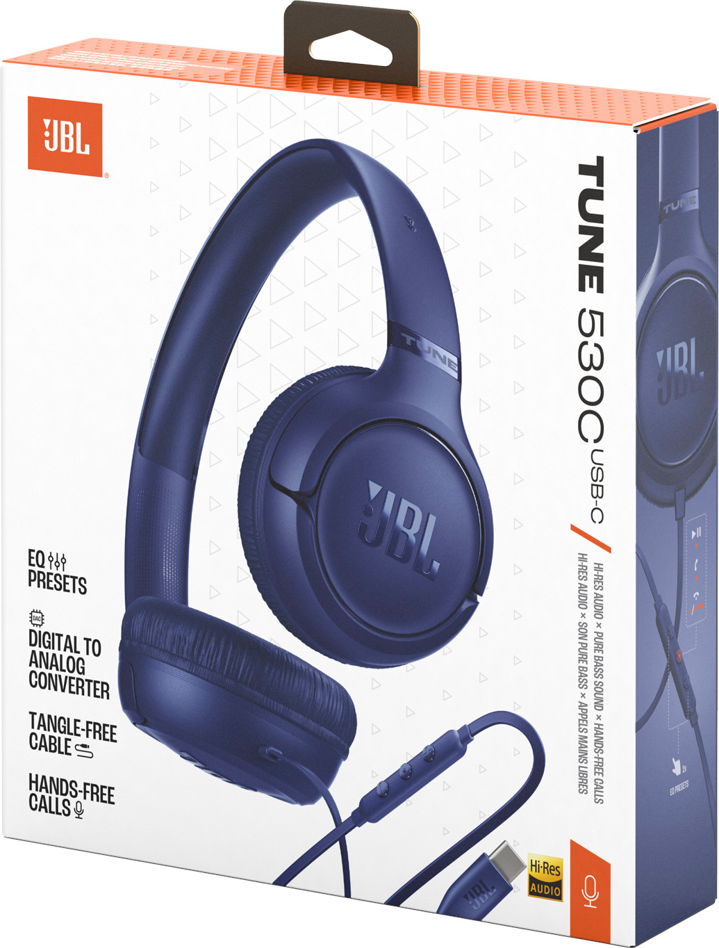 Casque JBL Tune 530NC USB-C bleu foncé sur boîte blanche.