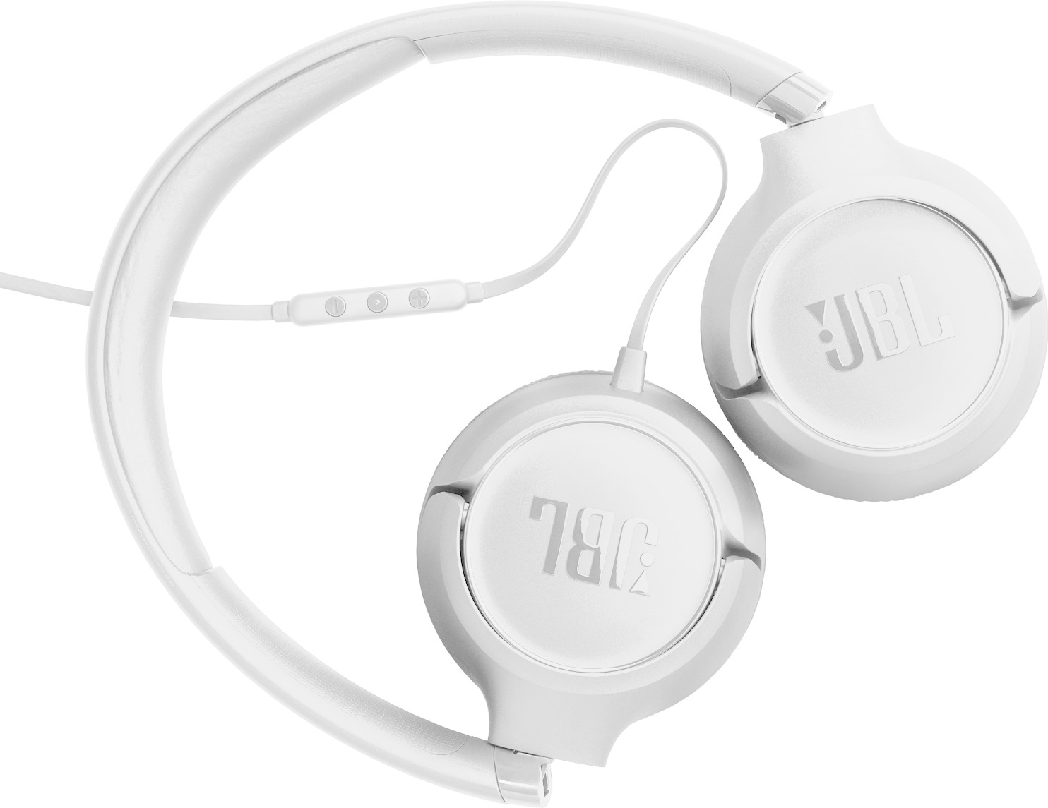Weiße JBL Kopfhörer mit schwarzem Kabel und In-Line-Steuerung.