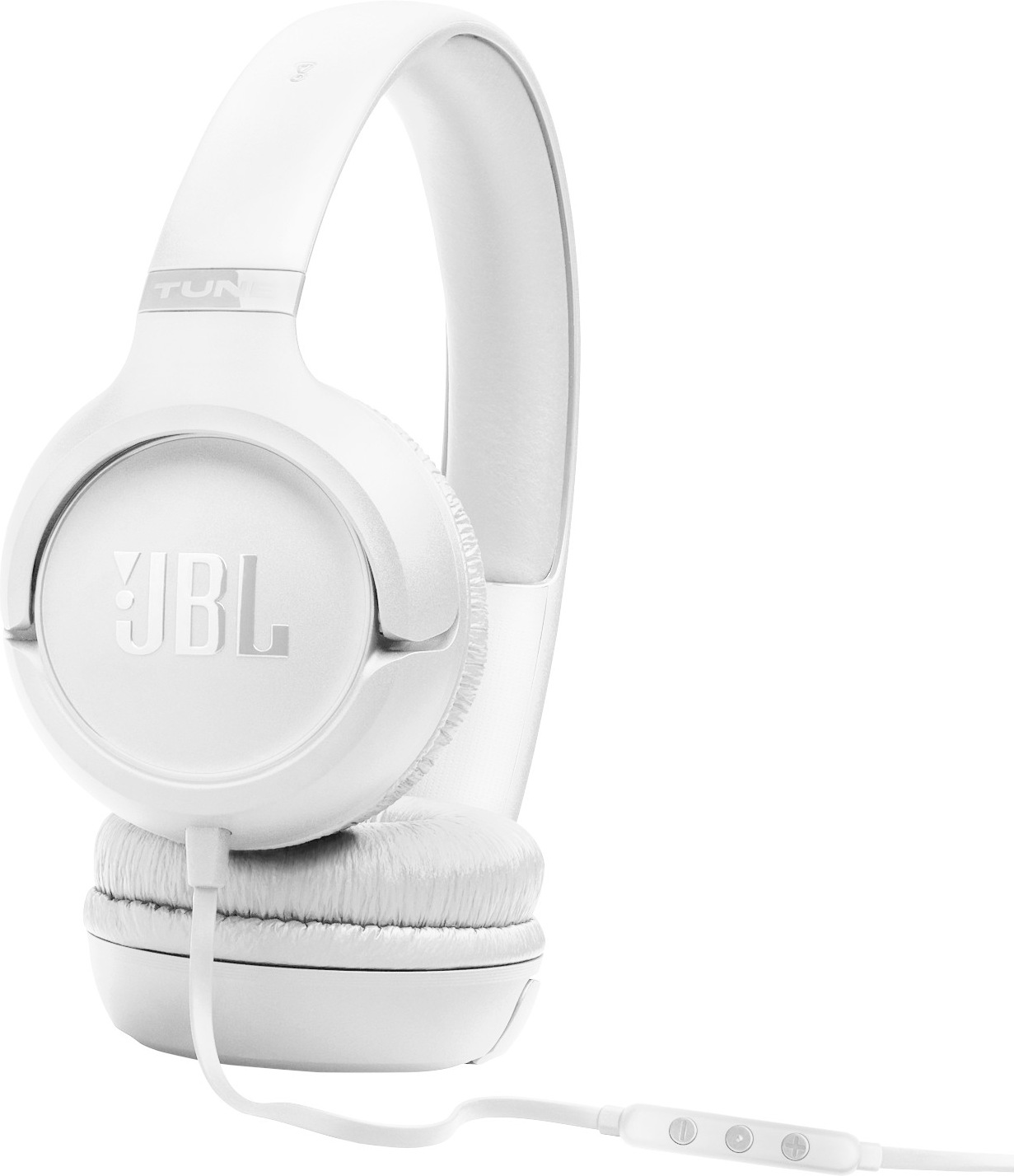 Weiße JBL-Kopfhörer mit Kabel und Fernbedienung auf weißem Hintergrund.