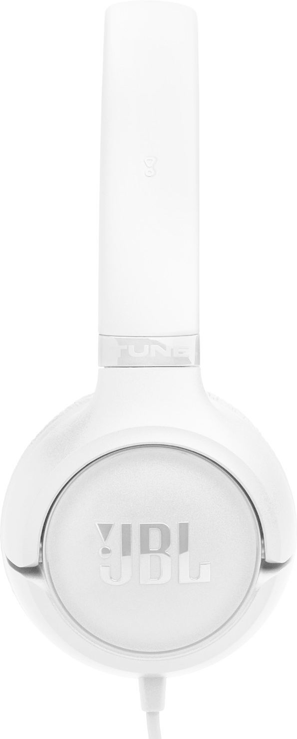 Weiße JBL Kopfhörer mit silbernem Logo und Kabel.