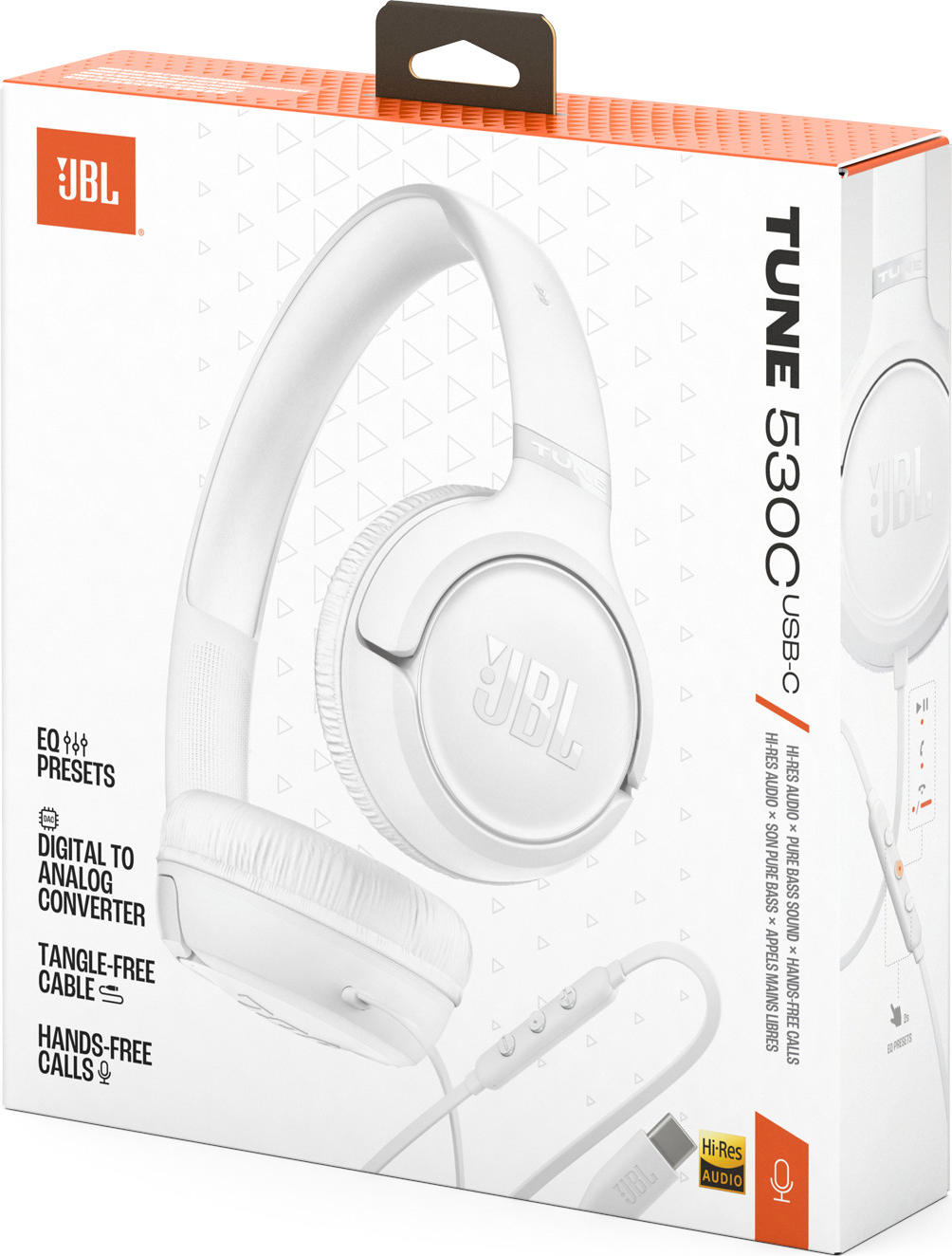 Weiße JBL Tune 530C USB-C Kopfhörer auf weißer Verpackung mit Dreiecken.