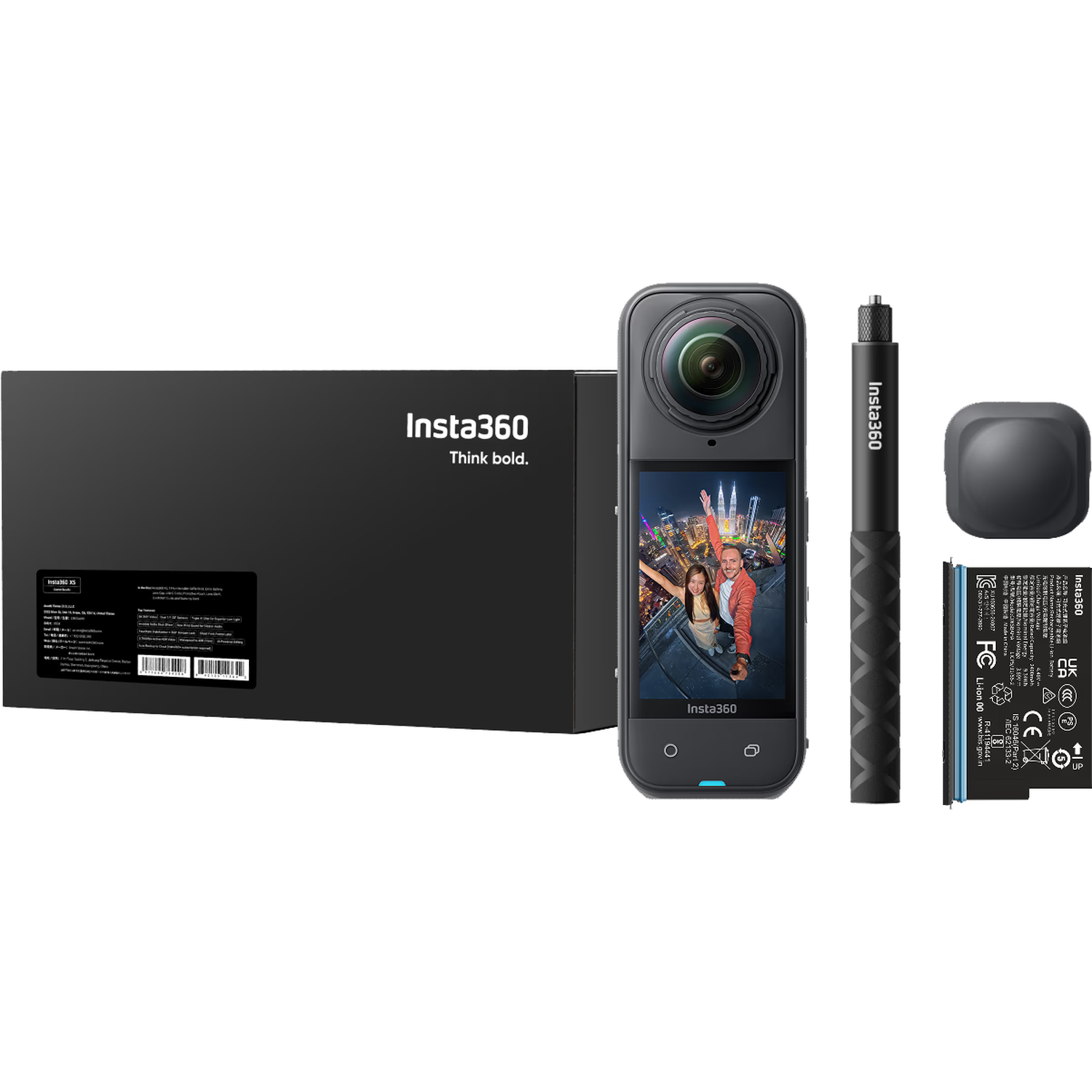 Insta360 camera, accessoires en verpakking op witte achtergrond.